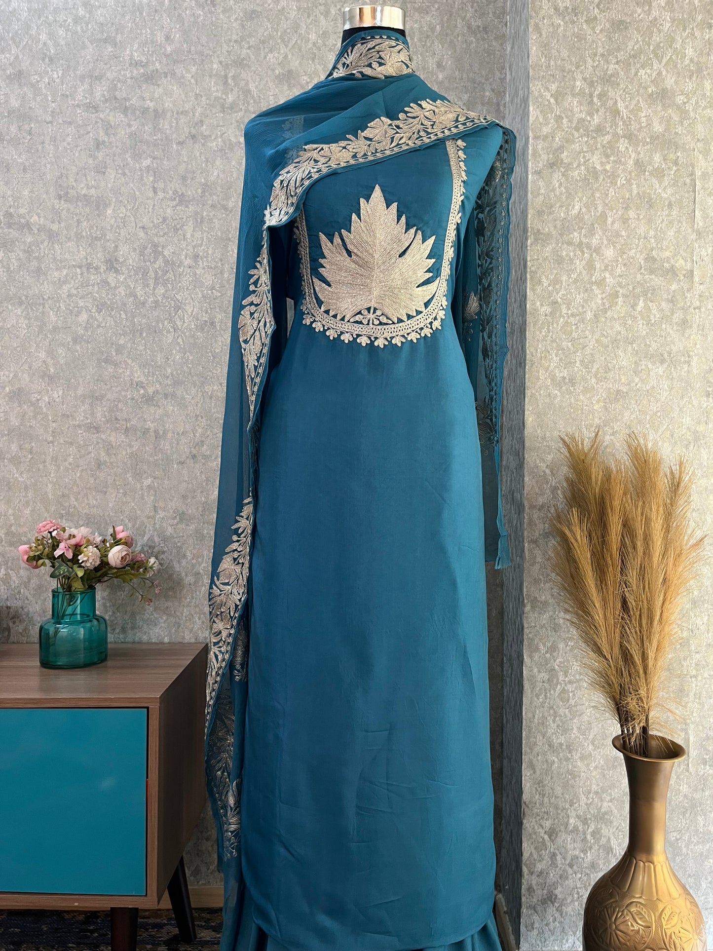 Teal Blue Sanam’ Tilla Kashmiri Silk Suit