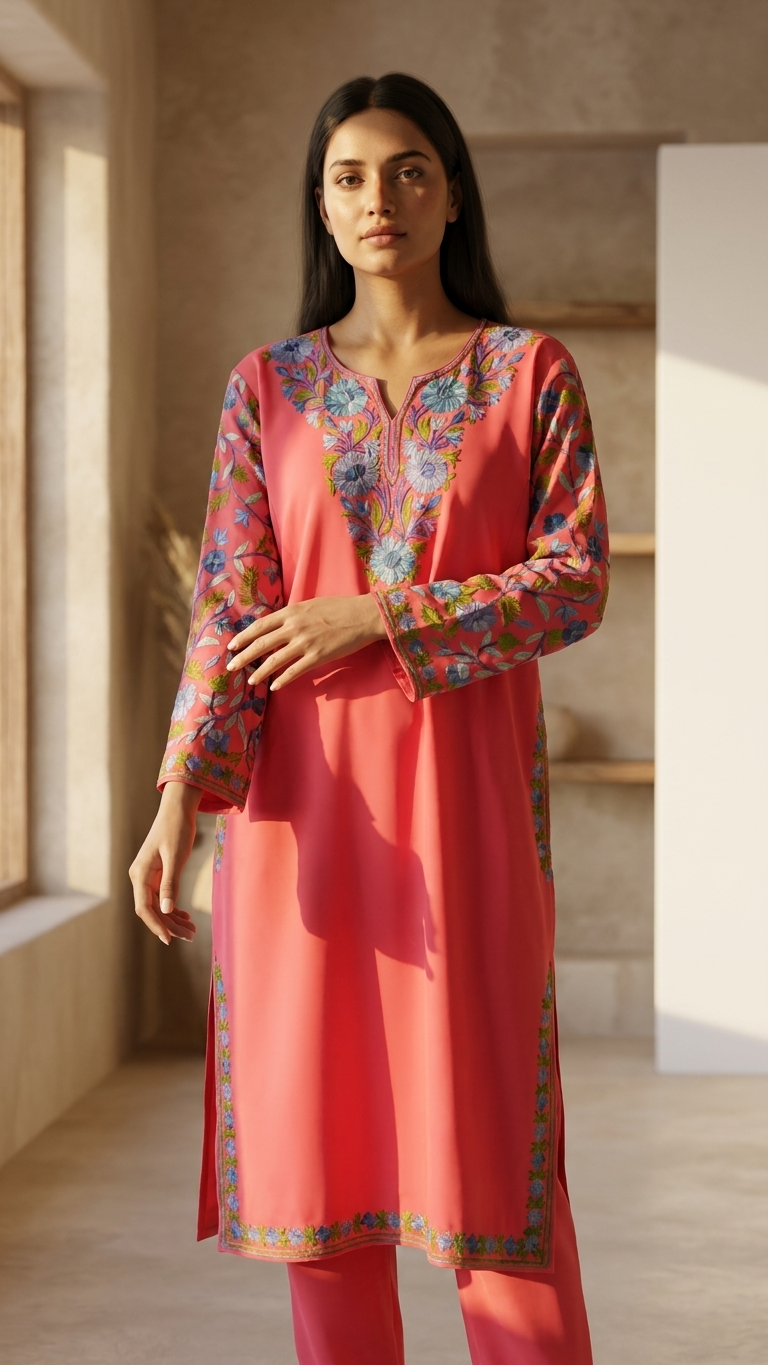 Carrot Pink Cotton Arm Jaal Pheran Set