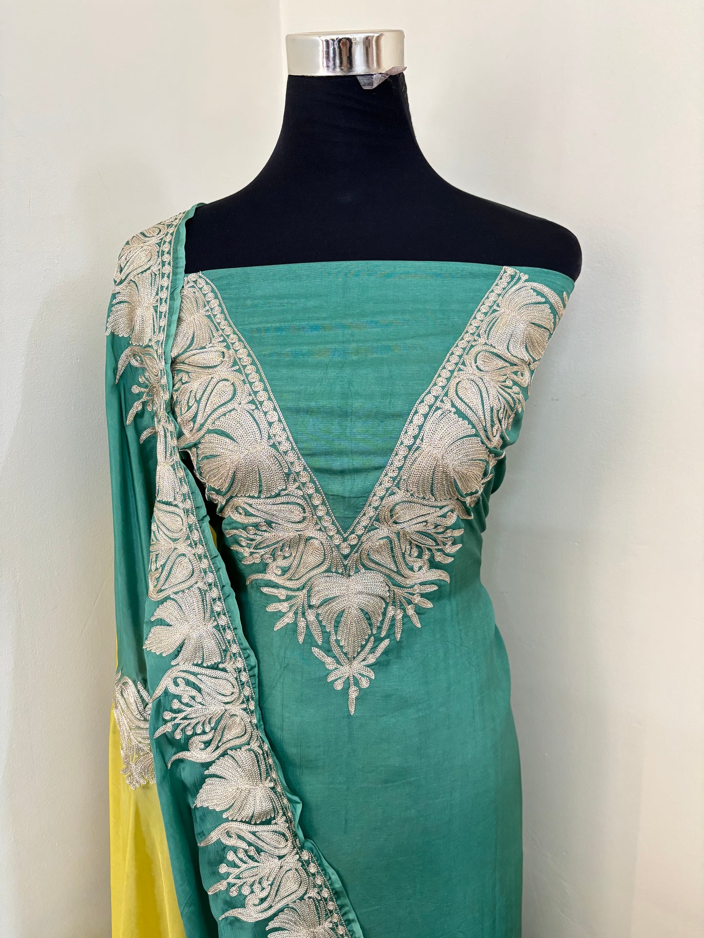 Sanam Pastel Green Silk Kashmiri Suit