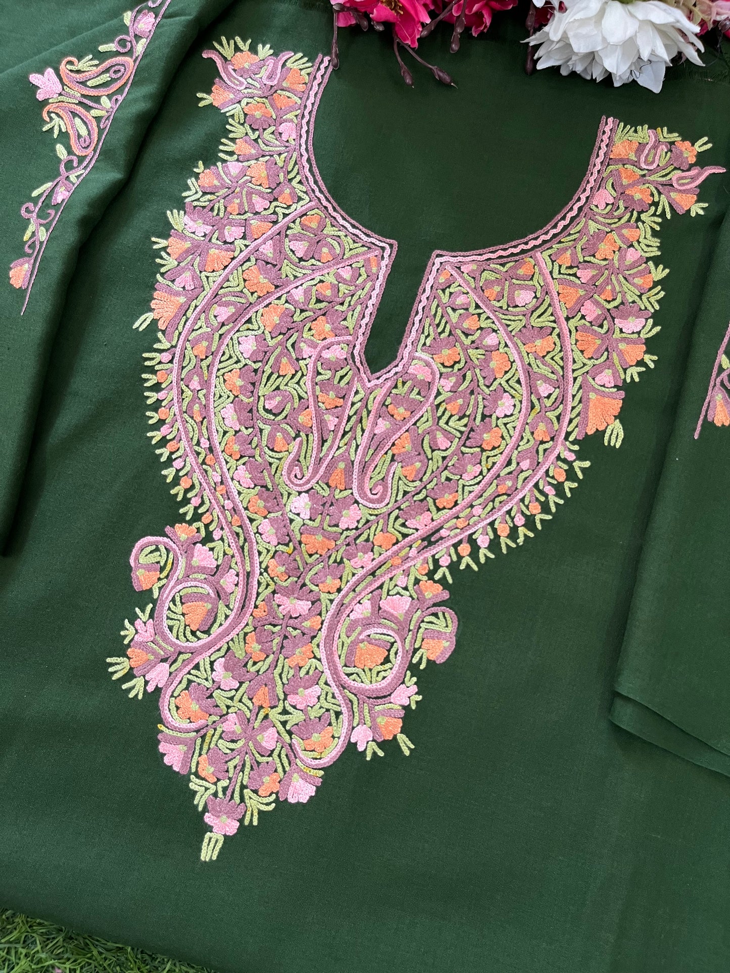 Bottle Green Cotton Two Piece Suit (Hand Embroidered)