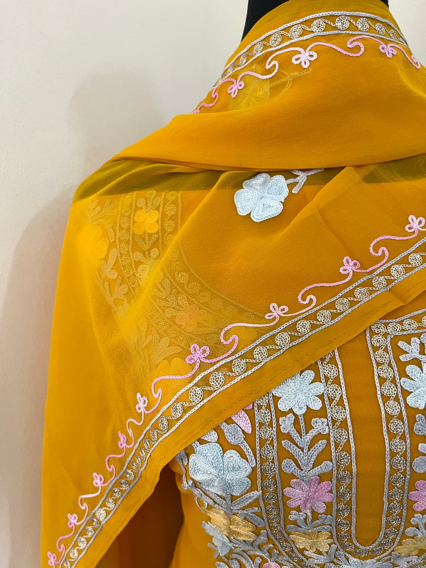 Mustard Georgette 3 Pc Aari Embroidered Suit Set