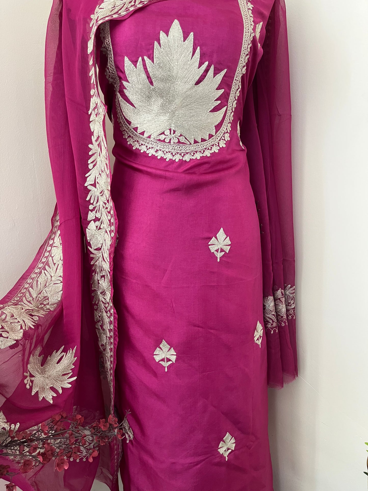 Sanam’ Hot Pink Tilla Embroidered Suit material (on order)