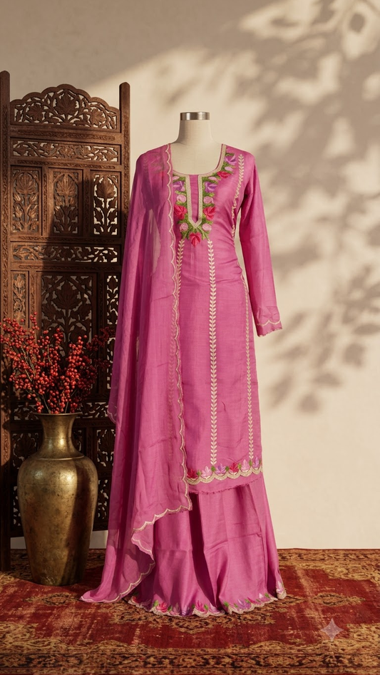 Sanam’ Mauve Silk Aari Embroidered Suit material