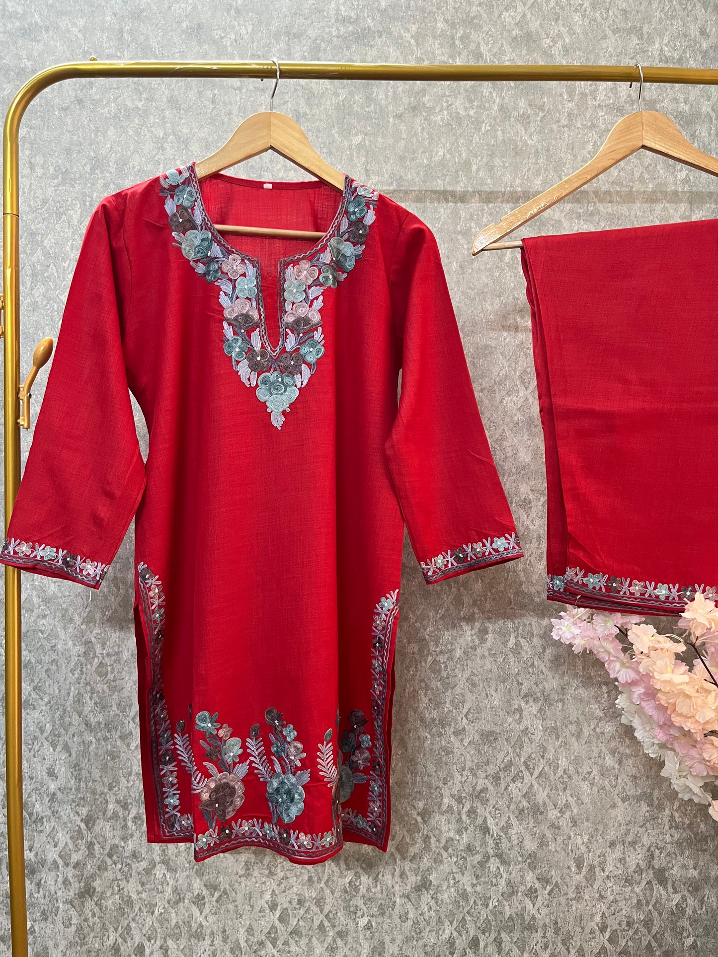 Red Cotton Stitched Co-ord Set (38)