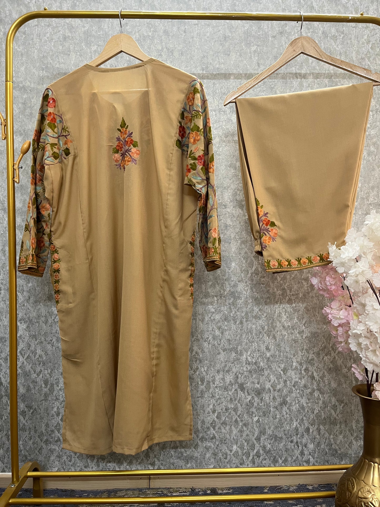Beige Cotton Arm Jaal Pheran Set