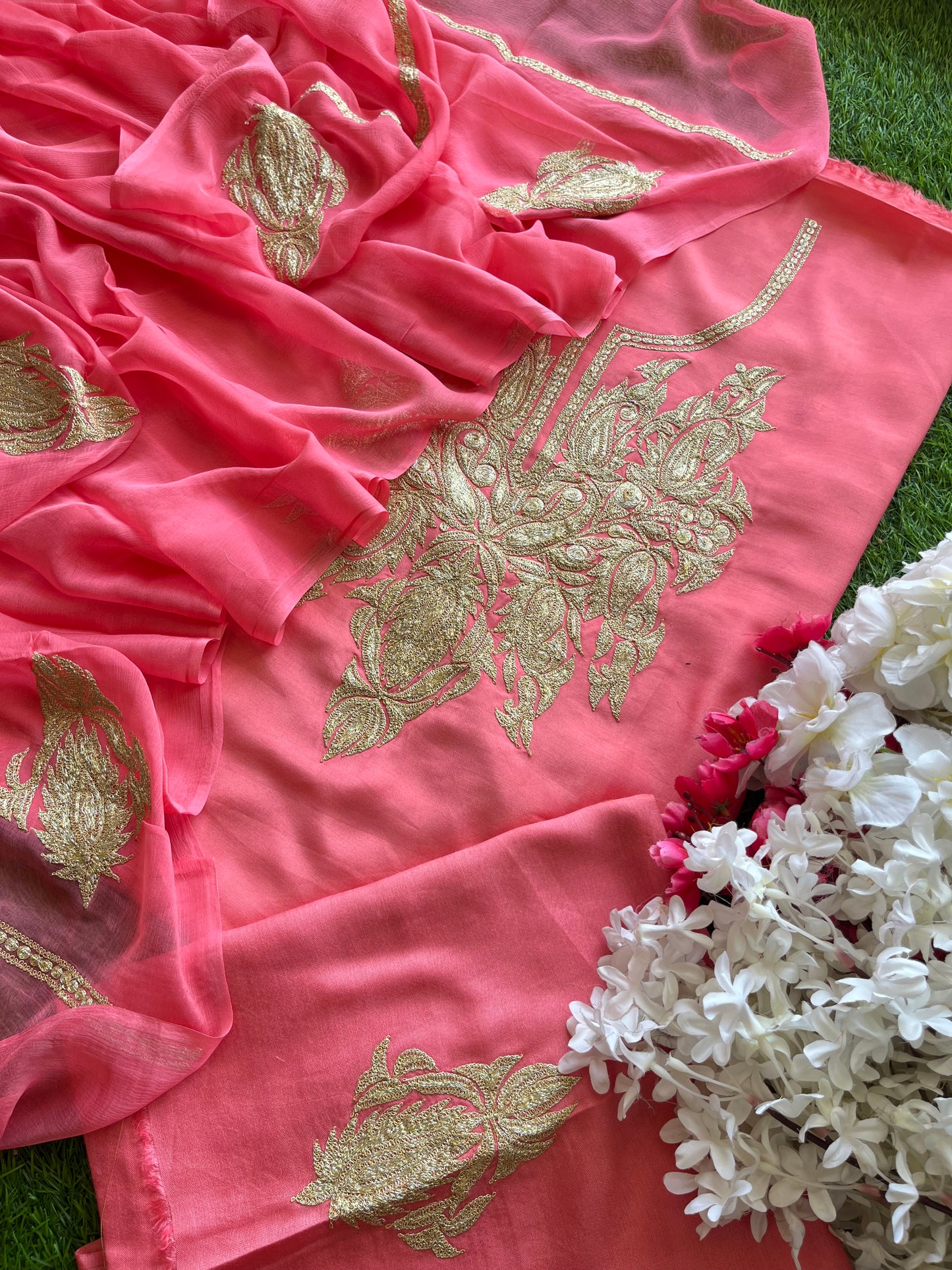 ‘Kalaa’ Peach Muslin Silk Tilla Embroidered Suit material