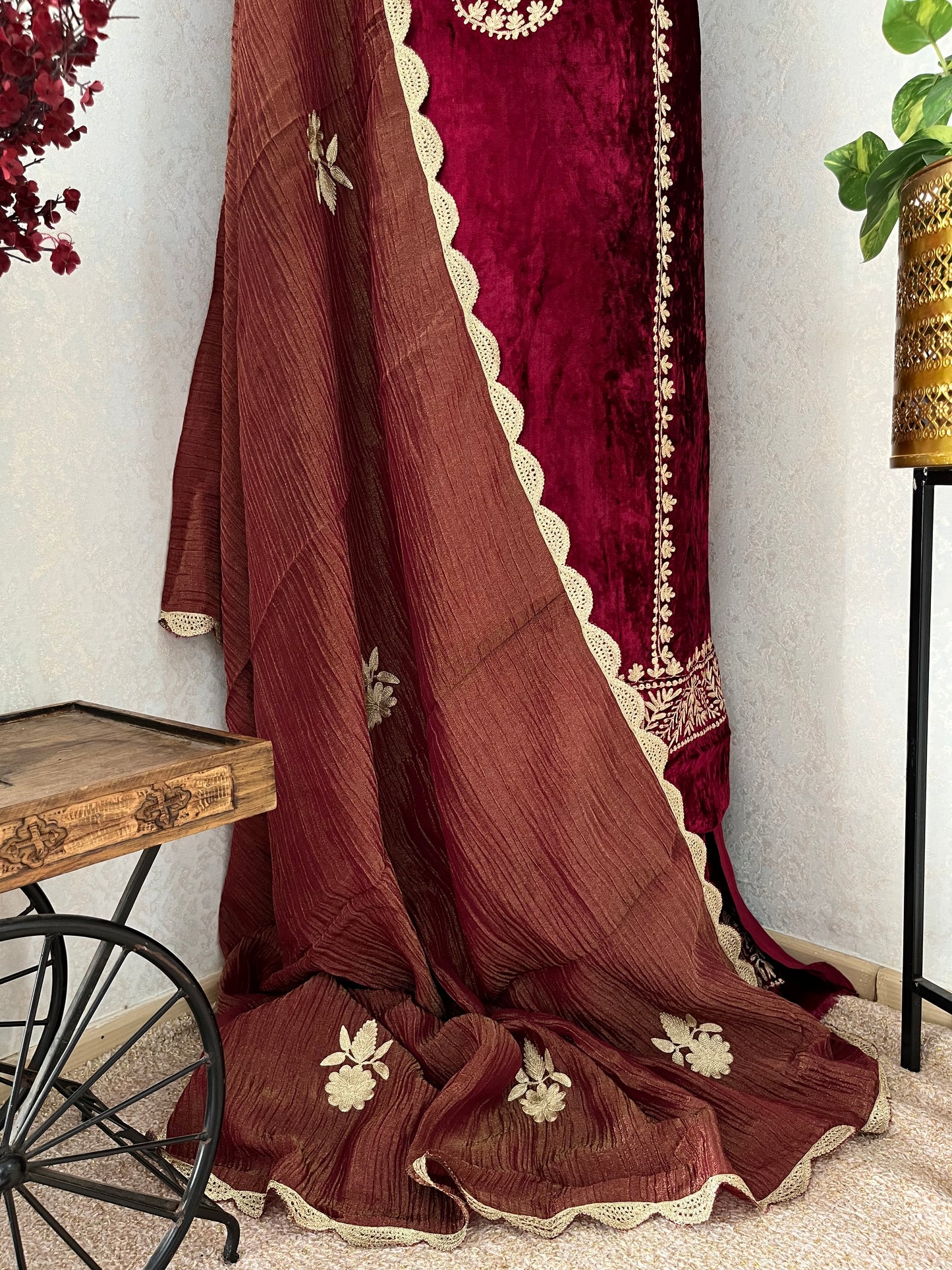 Maroon Tilla Pure Makhmal 3pc Suit