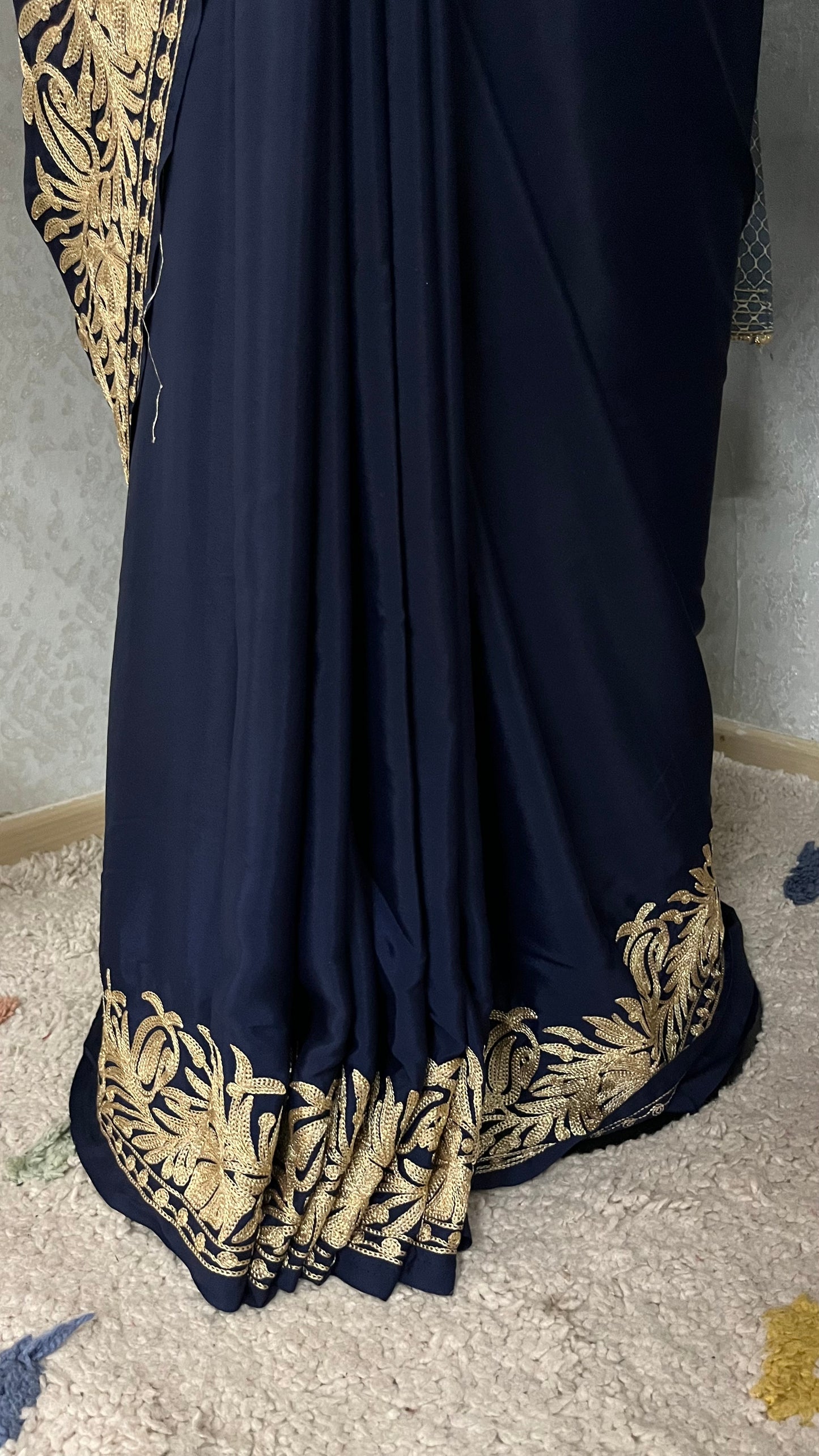 Navy Blue Crape Kashmiri Tilla Saree