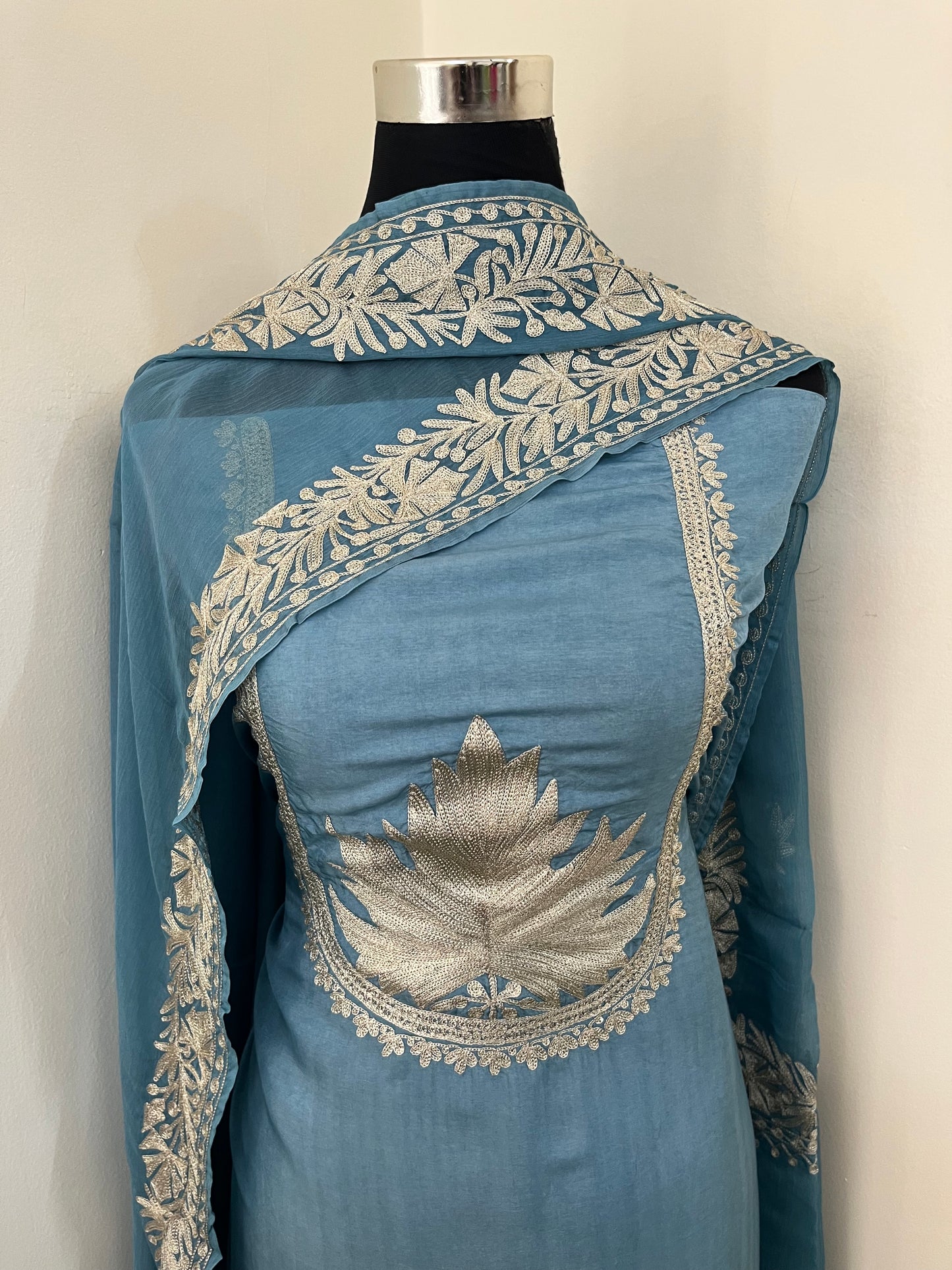 Sanam’  Pastel Blue Tilla Embroidered Suit material