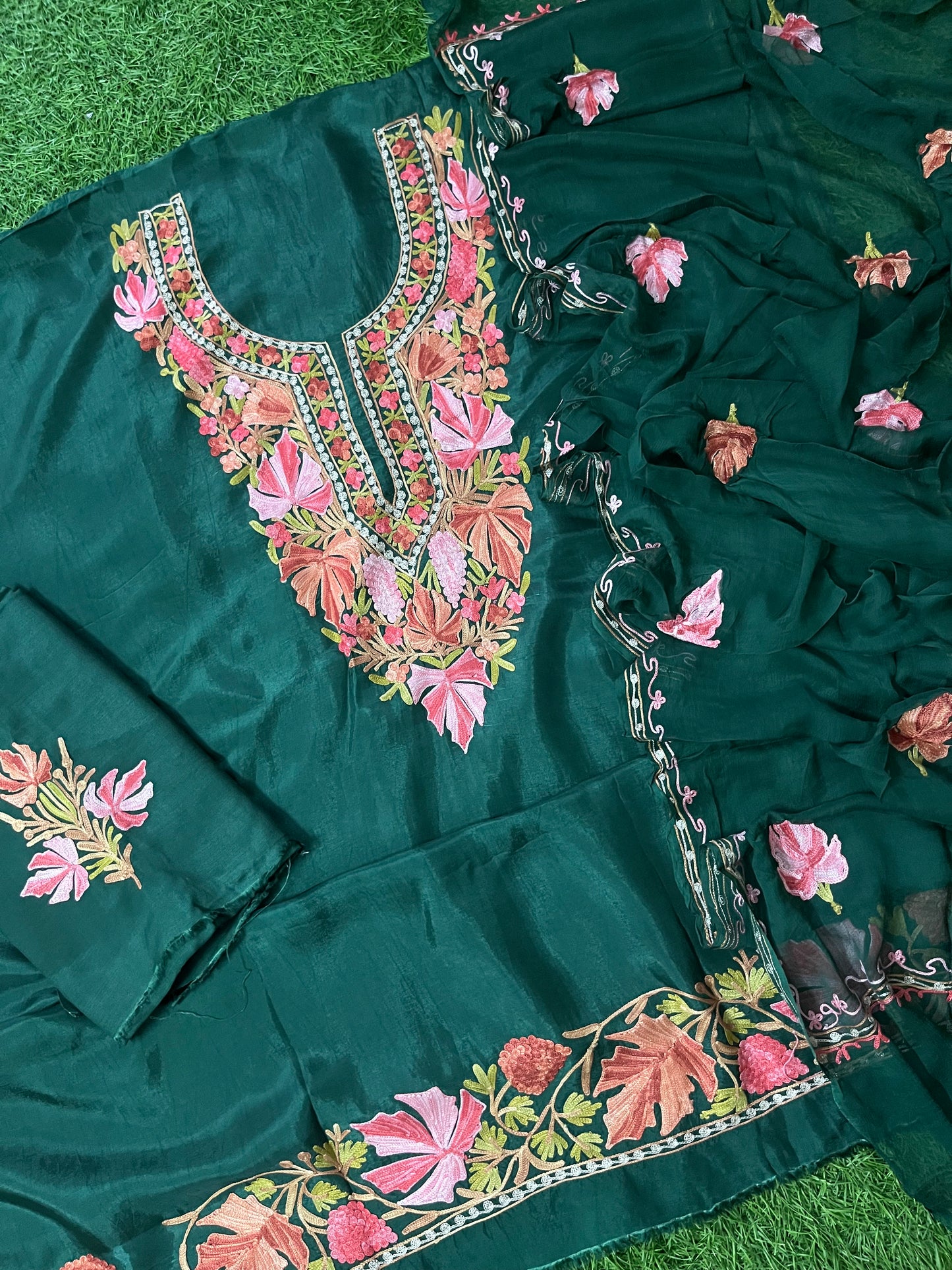 Bottle Green Opada Silk Aari Embroidered Suit material