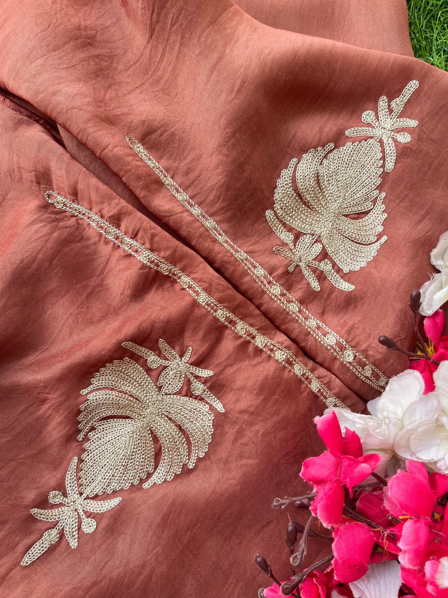 Dull Peach Silk Tilla Kashmiri Suit