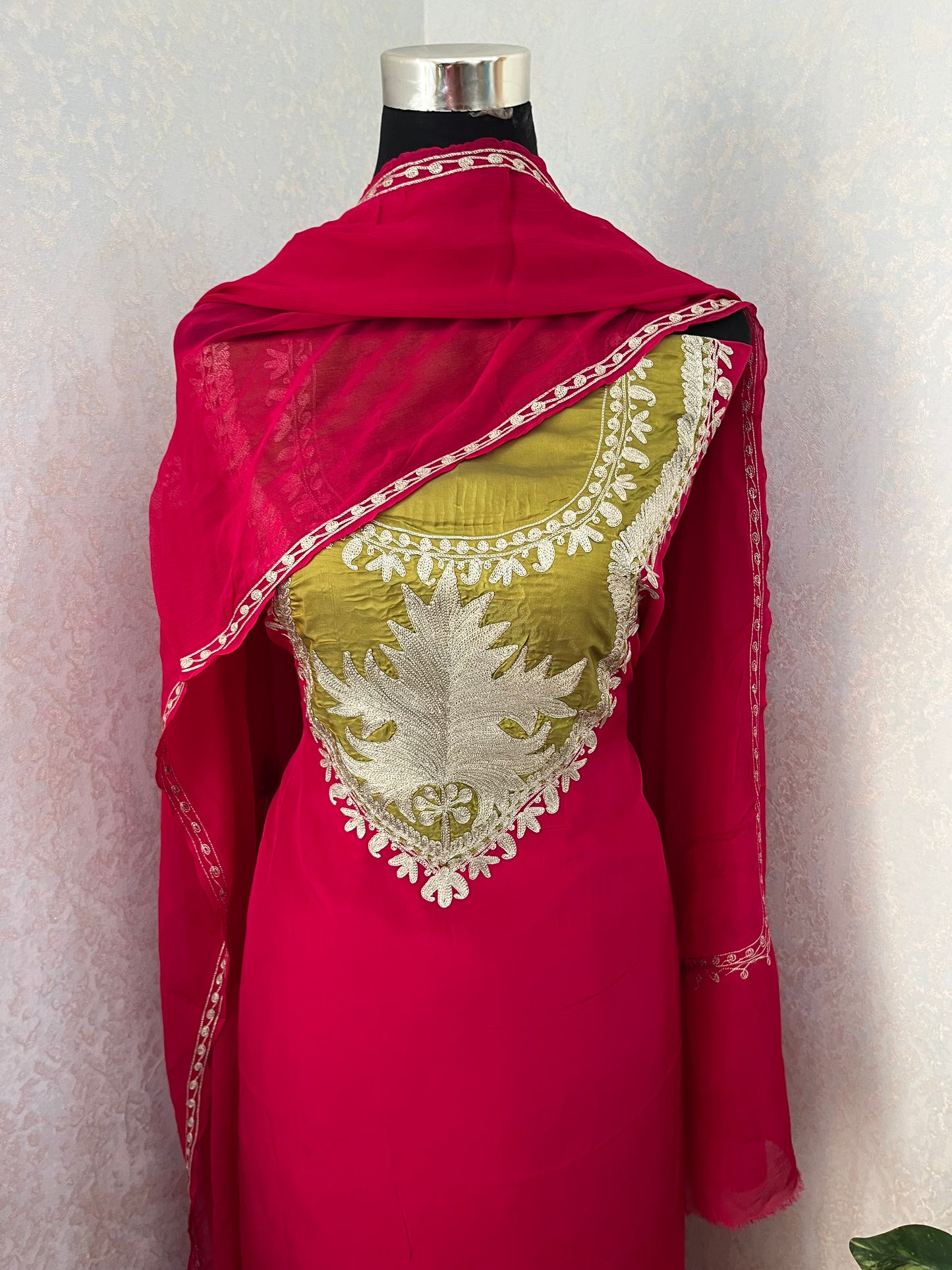 Fuchsia Pink Crape Kashmiri Suit with Clutch