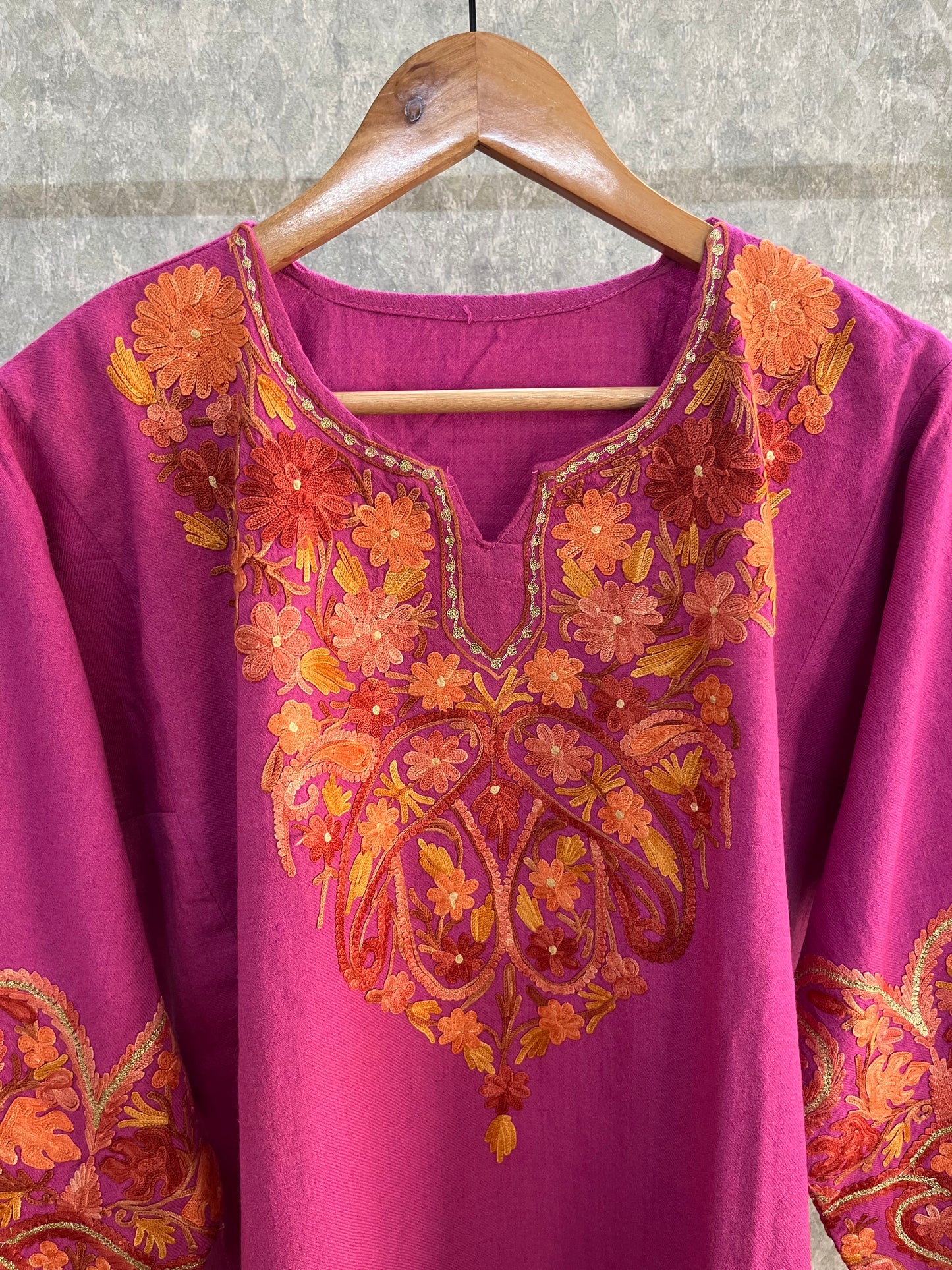 Rose Pink Aari Embroidered Wool Pheran
