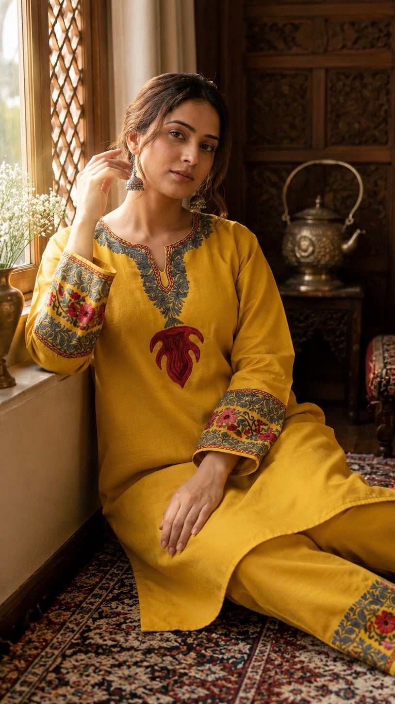 Yellow Cotton Embroidered Co-ord Set(42)