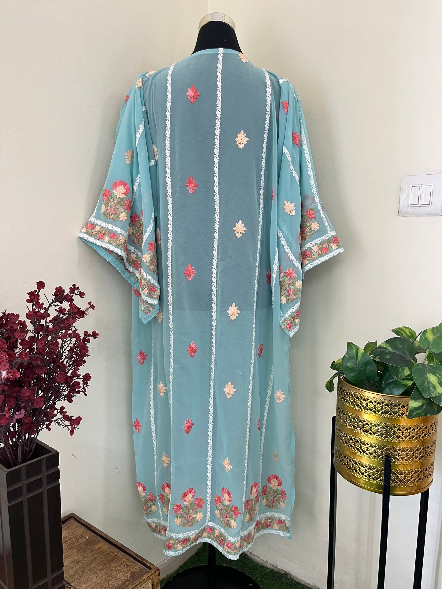 Soft Blue Georgette All over Work Aari Embroidered Unstitched Kurta