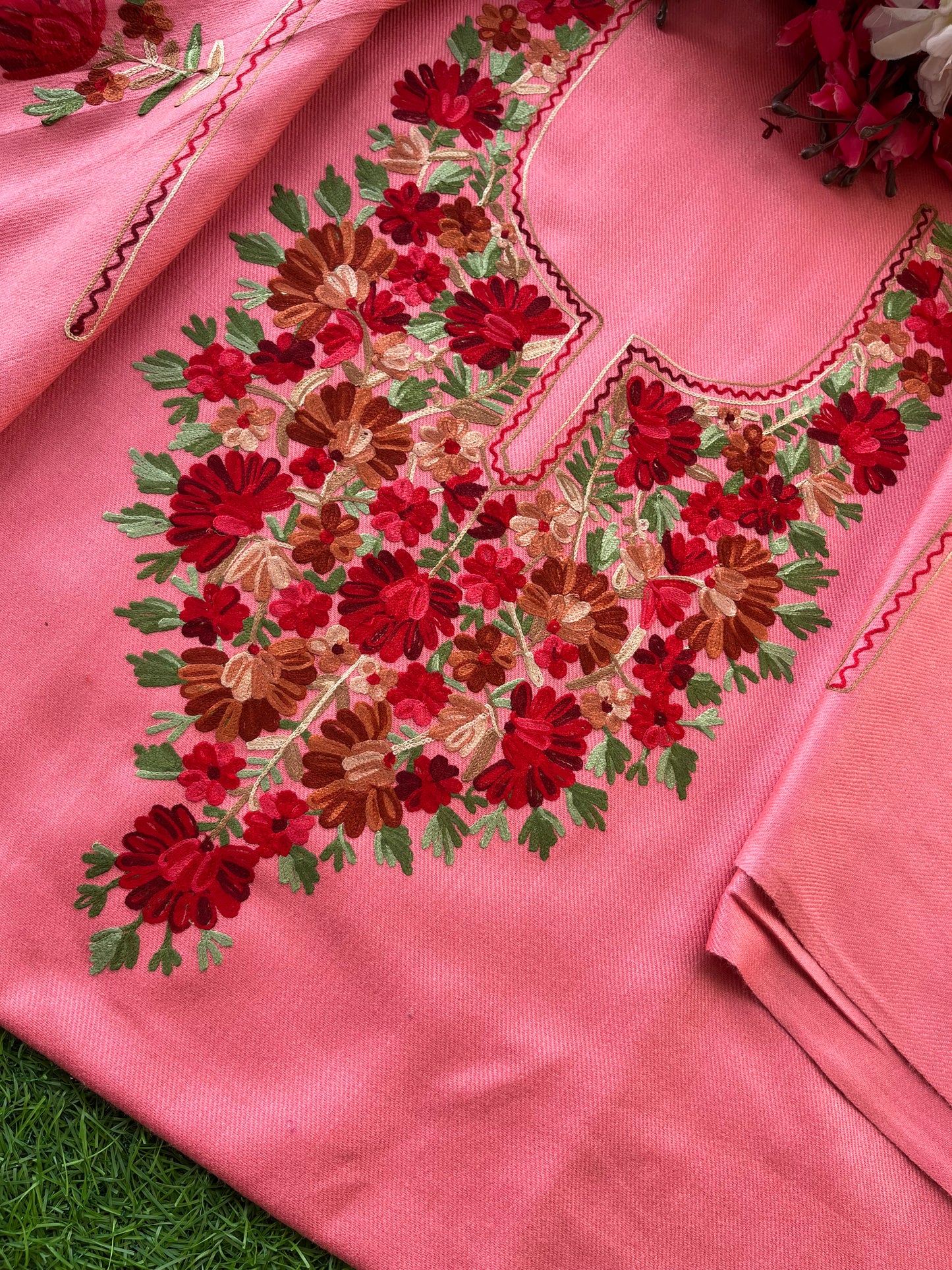 Soft Pink Woollen Aari Embroidered 2pc suit 5mtr