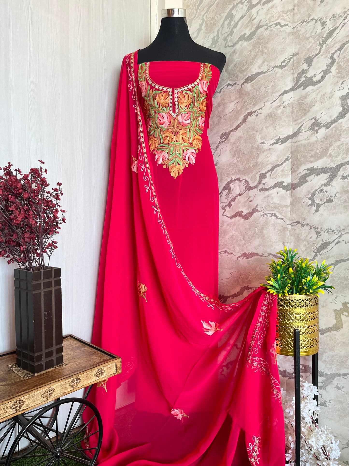 Carrot Red Georgette Shirt and Dupatta Aari Embroidered Suit