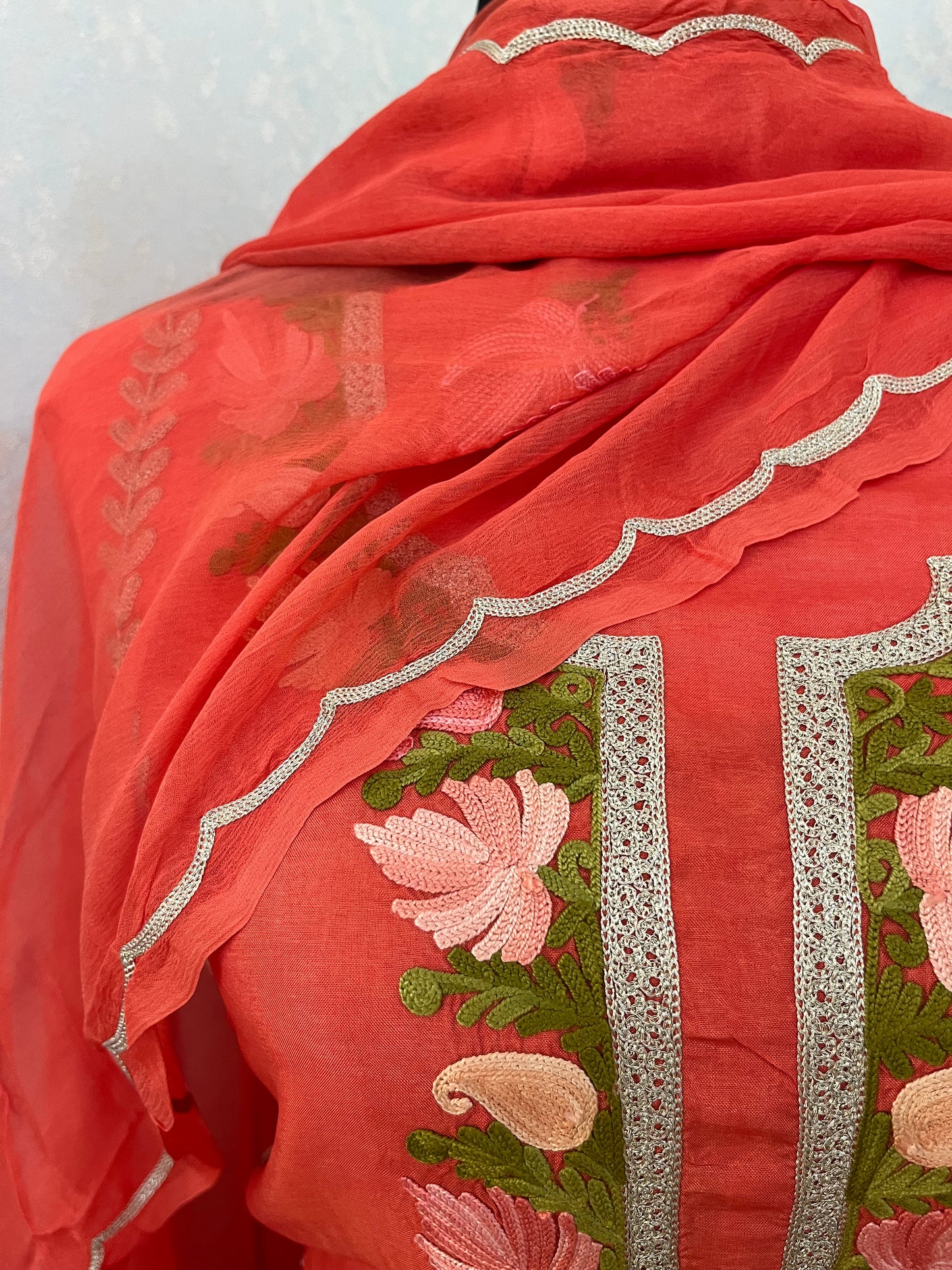 Sanam’ Orange Silk Aari Embroidered Suit material