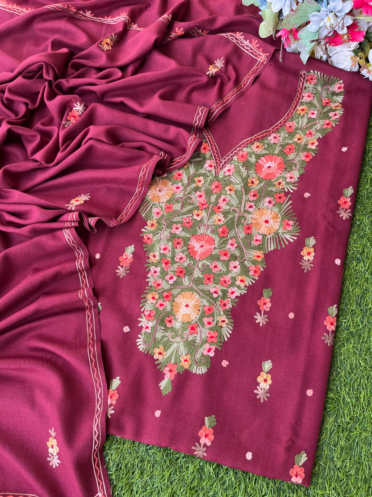 Maroon Woollen Aari Embroidered 3pc suit
