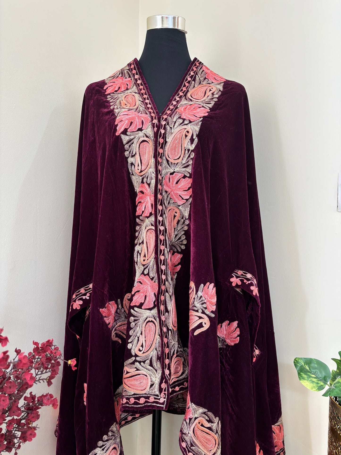 Wine Aari Embroidered Velvet Cape