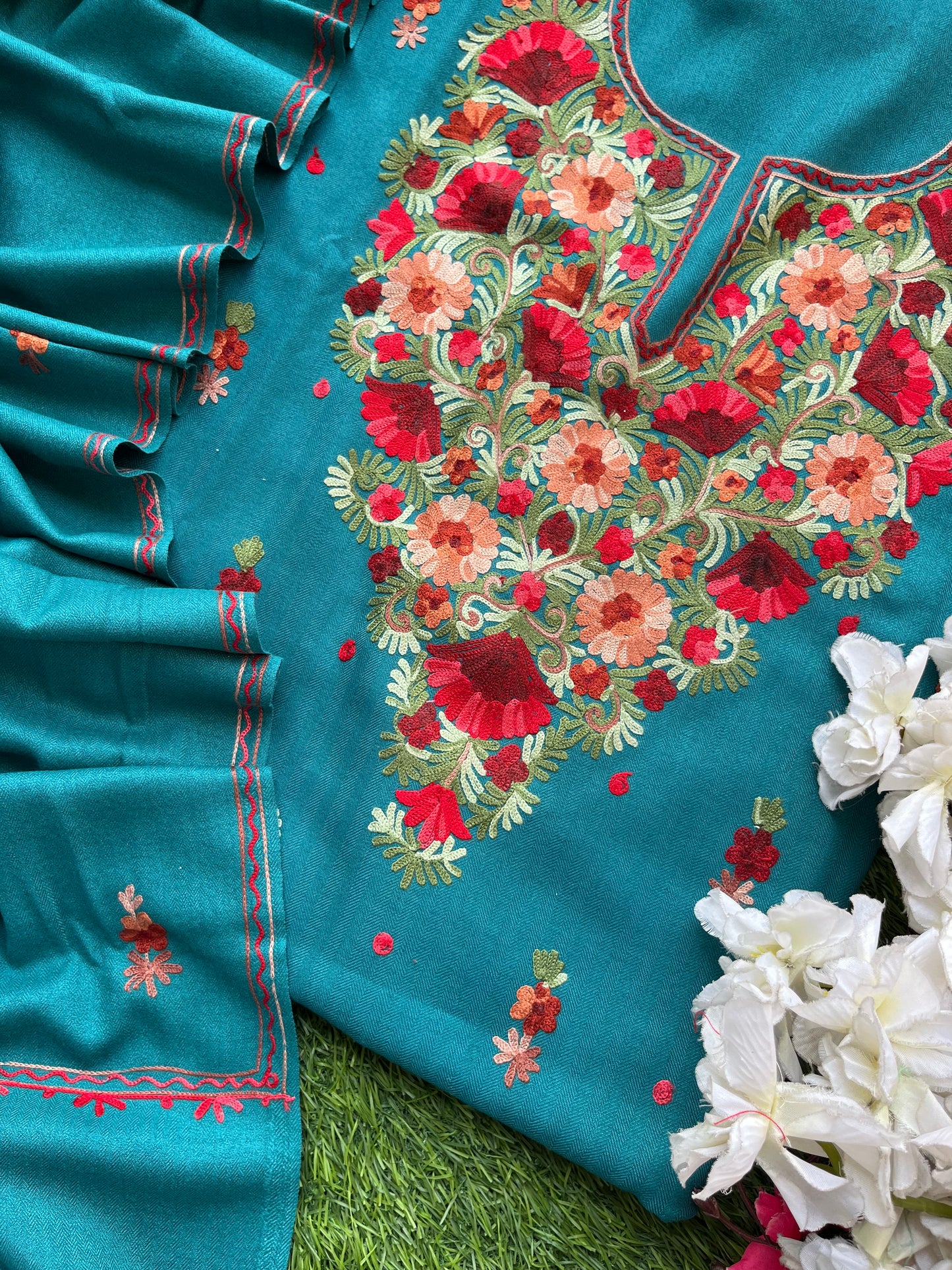 Peacock Blue Woollen Aari Embroidered 3pc suit