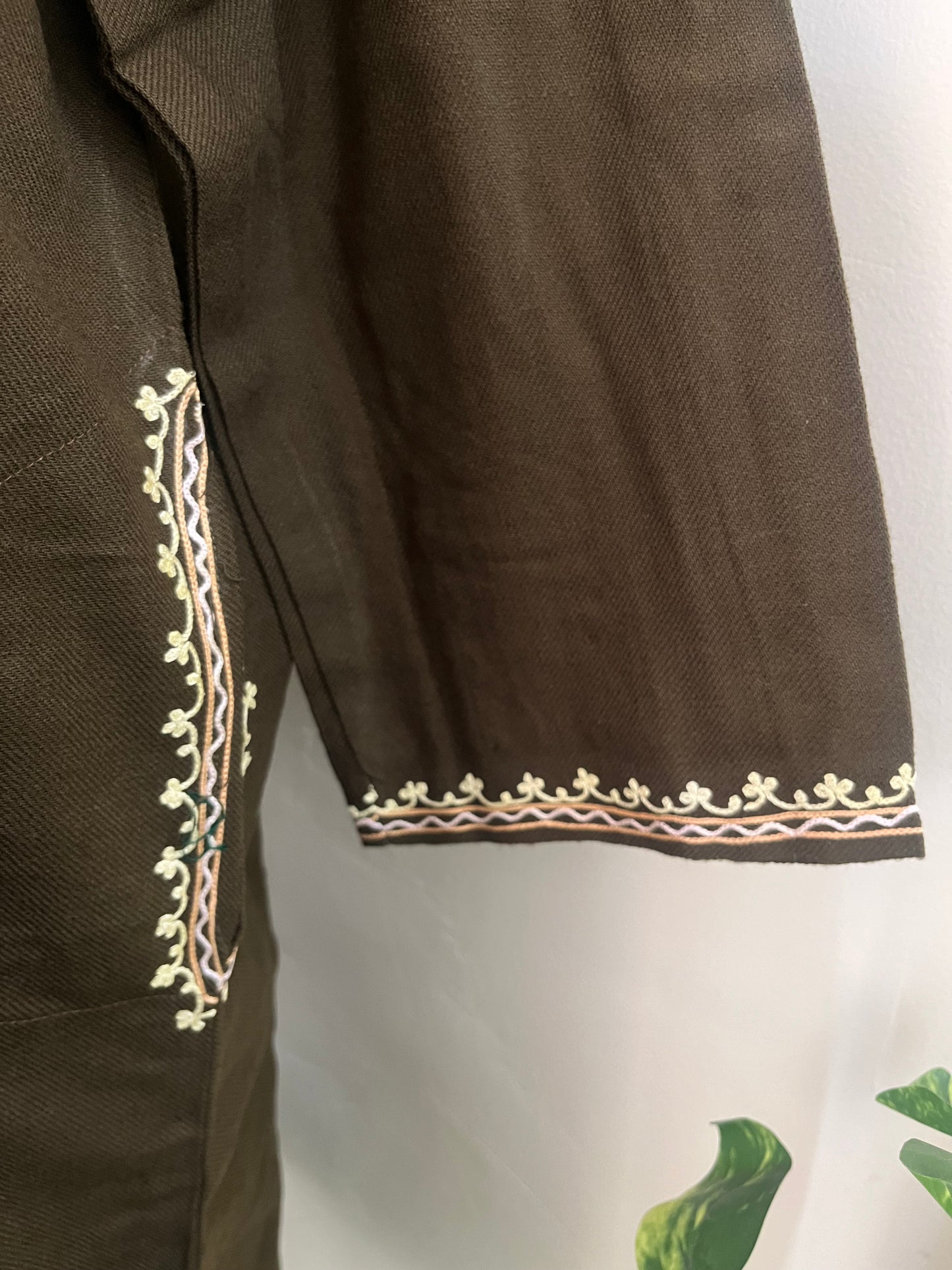 Army Green Aari Embroidered Wool Pheran