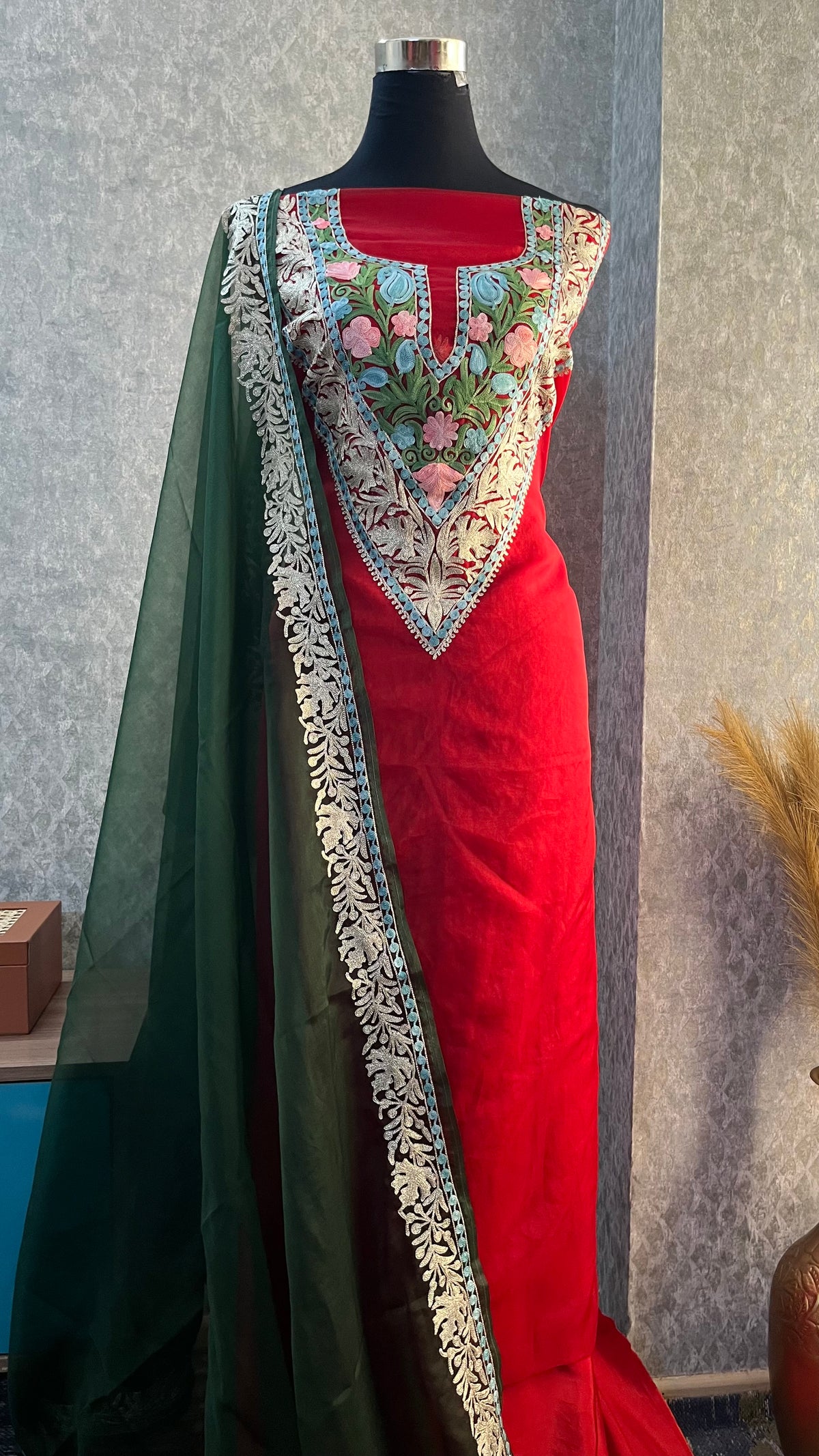 Red Soft Tissue Kashmiri Suit