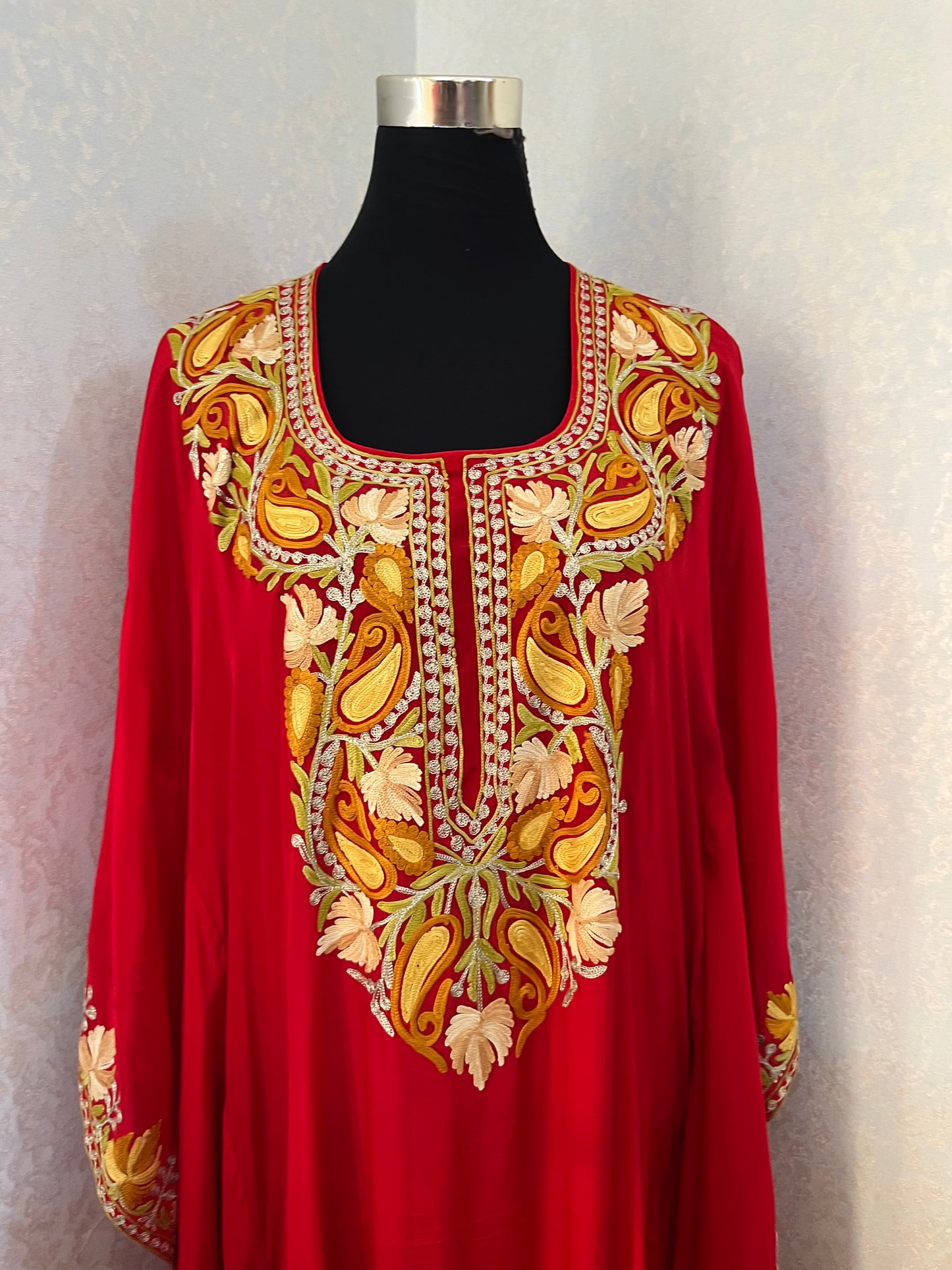 Red Pure Crape Kashmiri Kaftan
