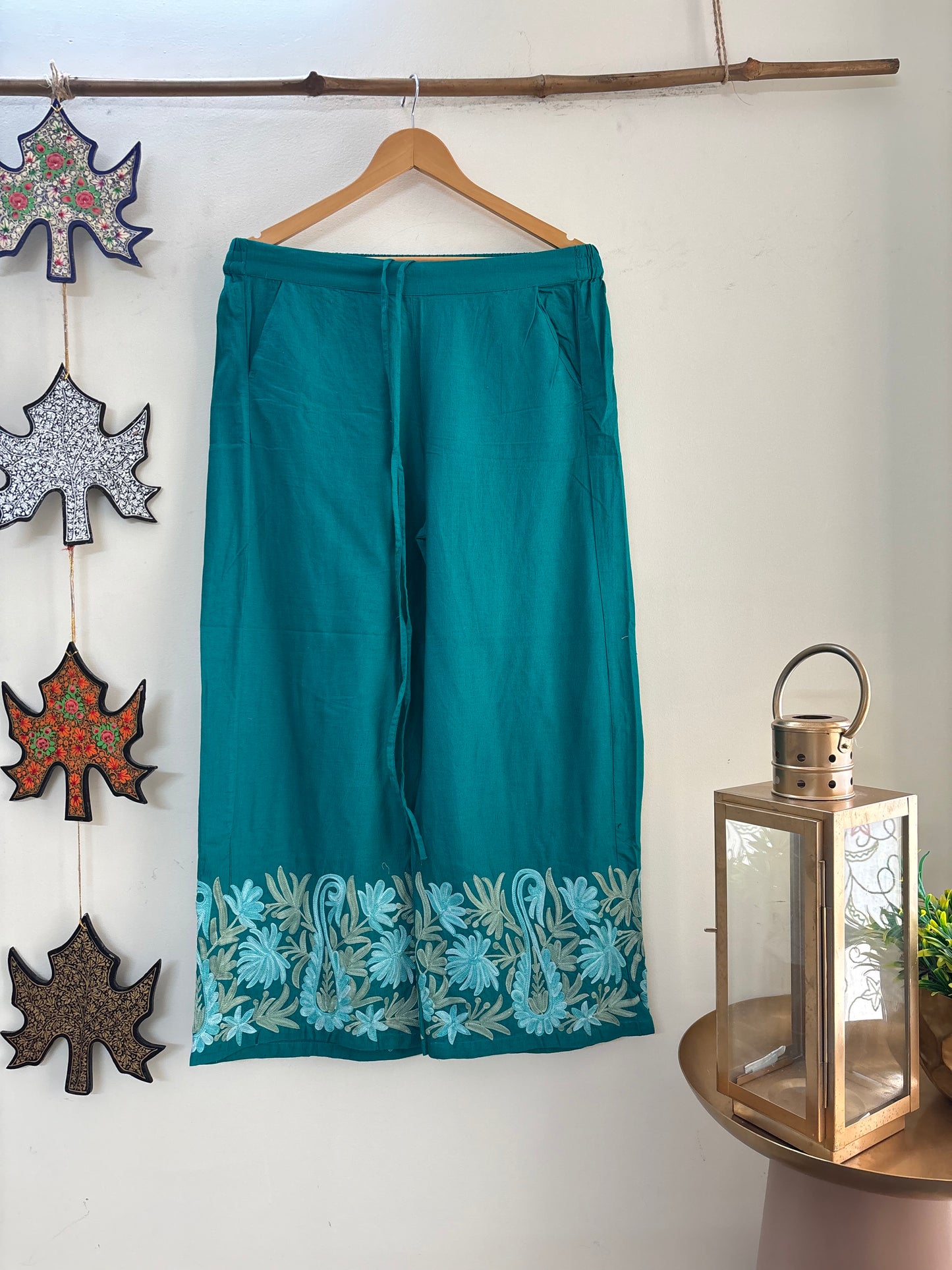Women Green  Wide Leg Aari Embroidered Palazzos ‘M’