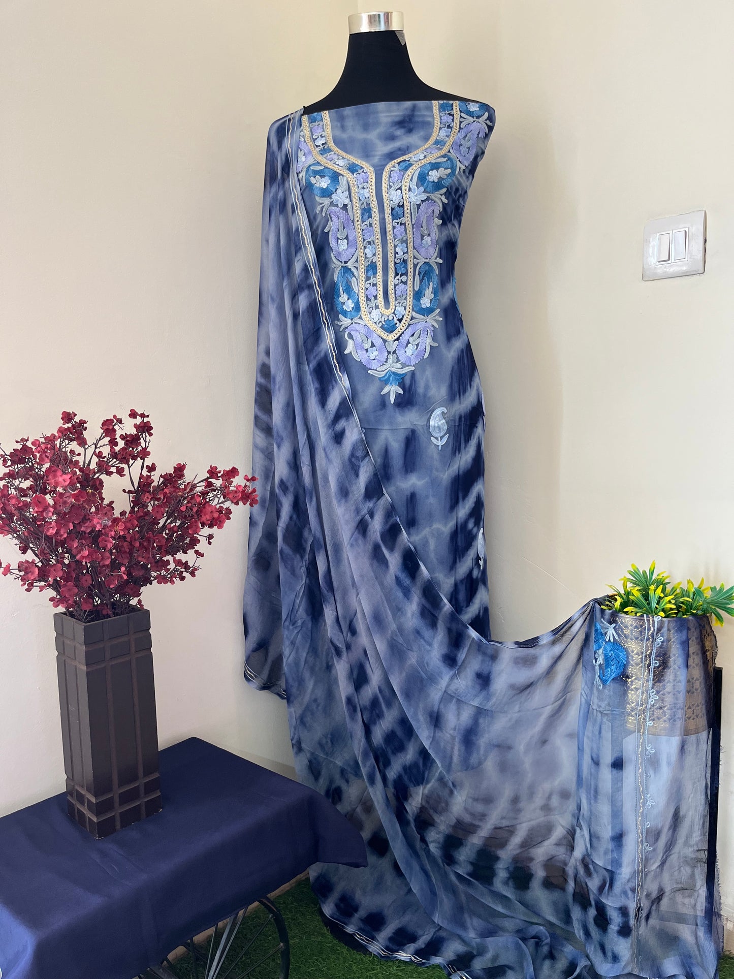 Blue Pure Georgette Aari Embroidered Suit