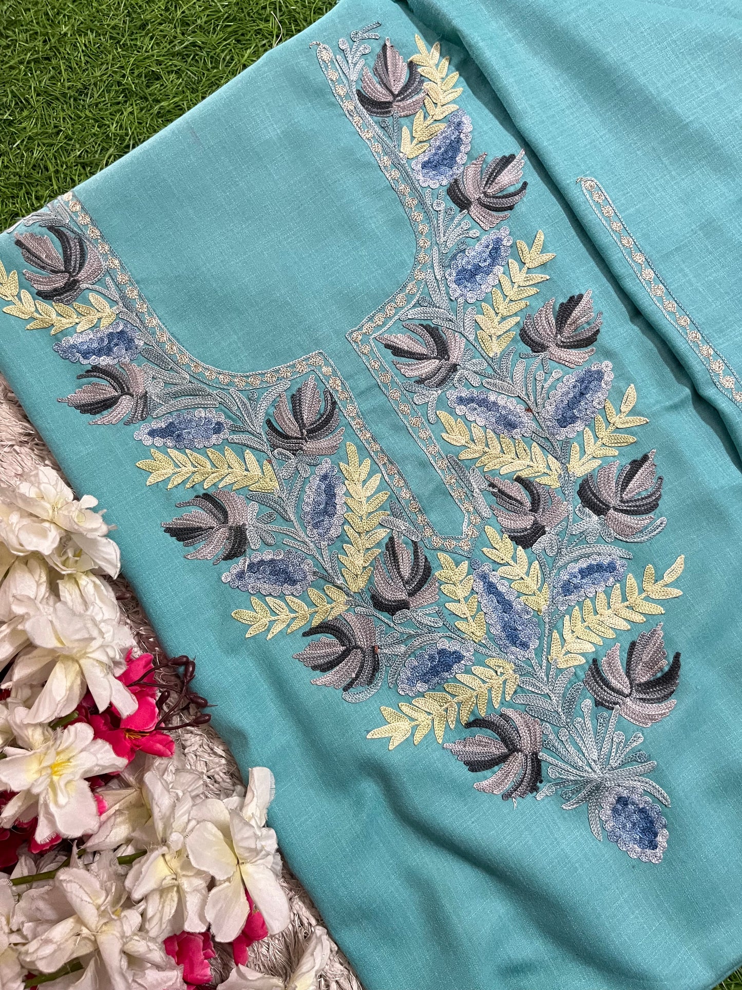 Sky Blue Cotton Unstitched Aari Work Kurti