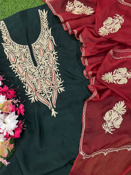 Bottle Green Silk Aari Tilla Fusion Suit