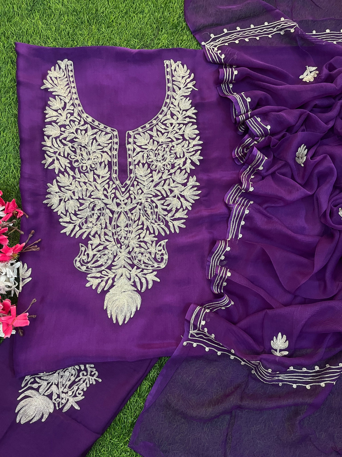 Purple Silk Tilla Kashmiri Suit