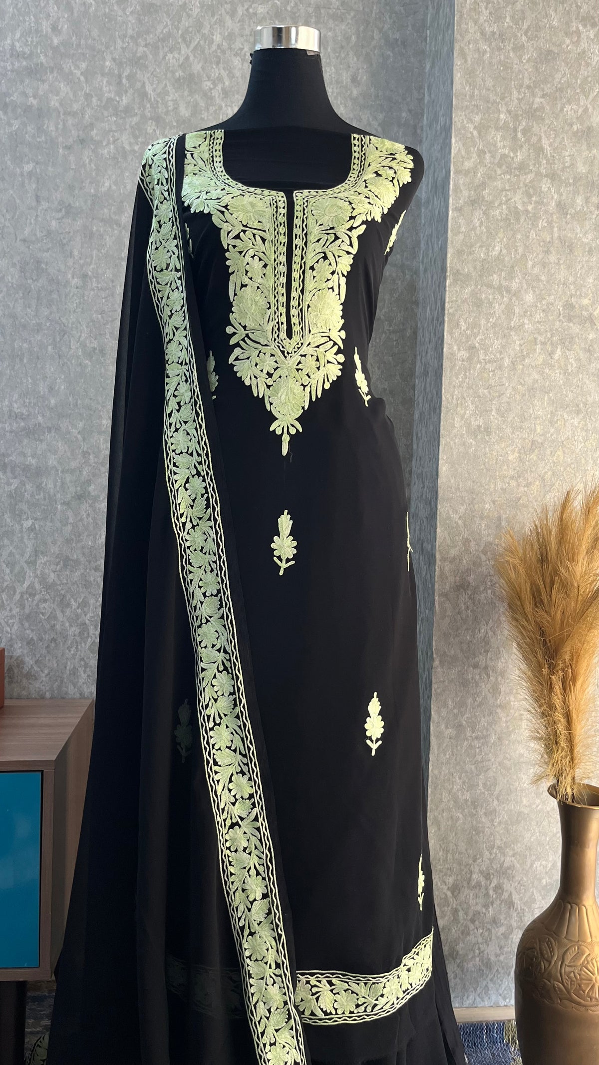 Georgette Black 3 Pc Kashmiri Suit