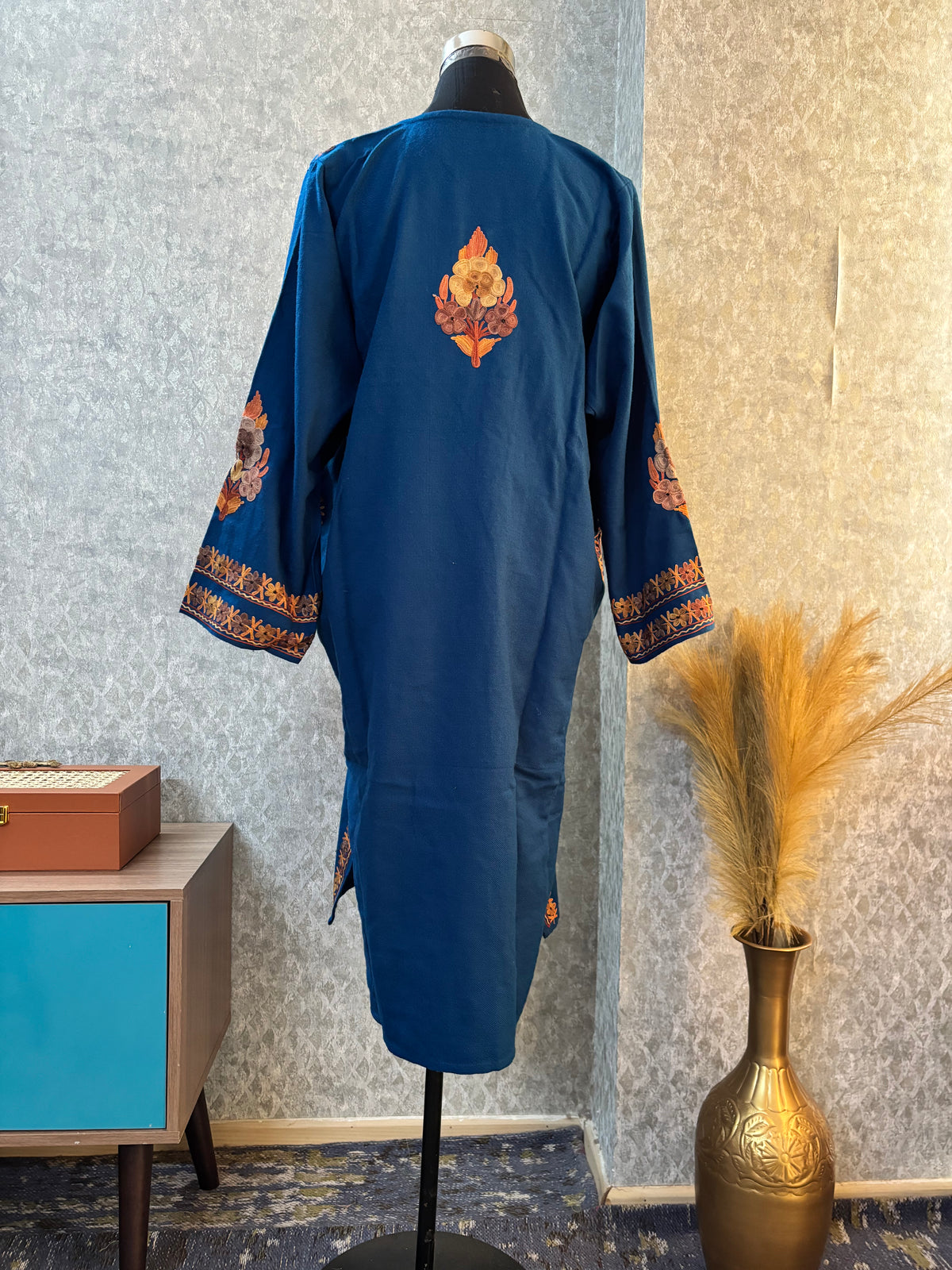 Peacock Blue Aari Embroidered Wool Pheran