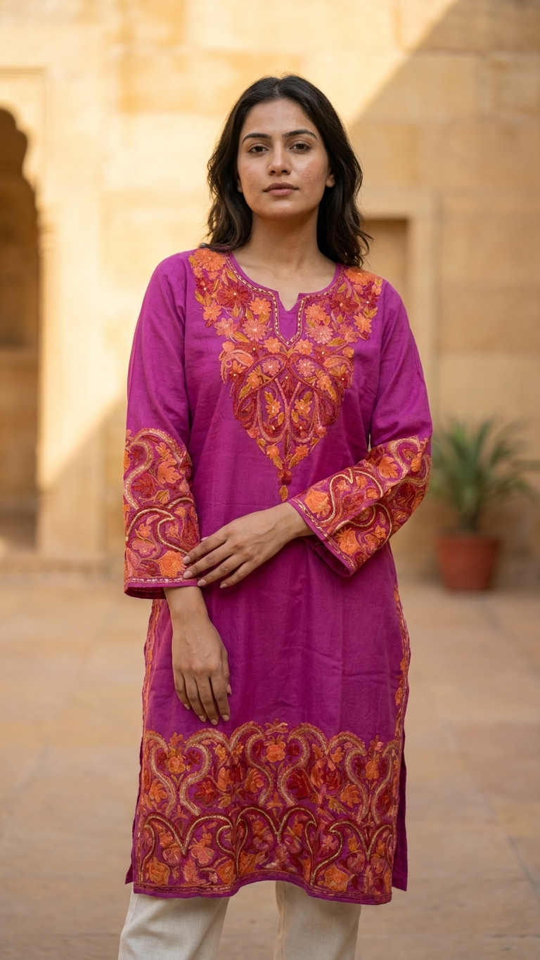 Rose Pink Aari Embroidered Wool Pheran