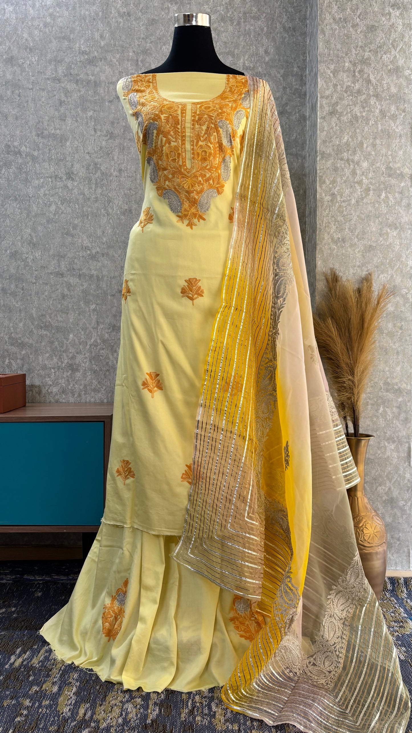 Lemon Yellow Satin Cotton Kashmiri Suit