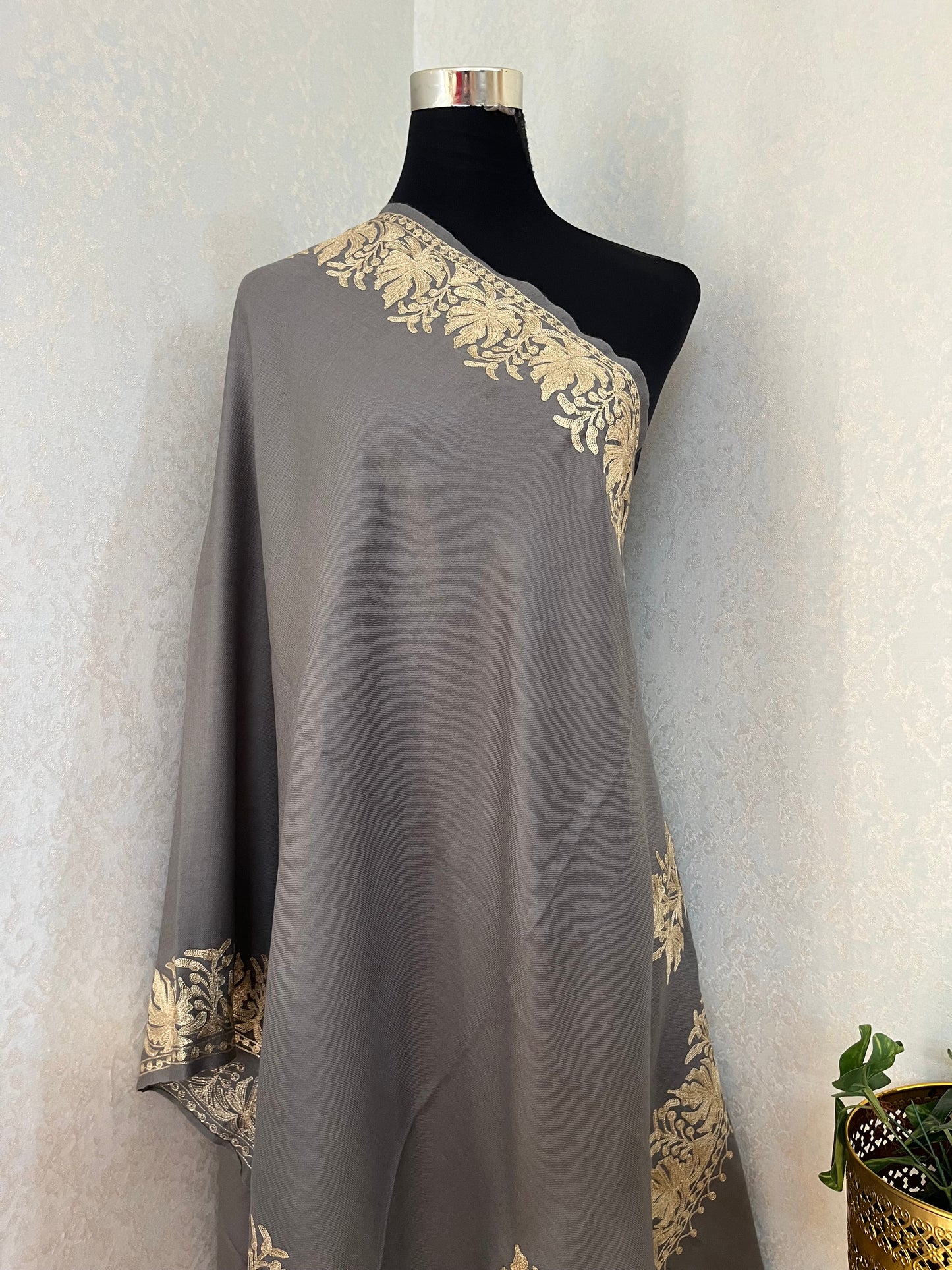 Grey Semi Pashmina Tilla Embroidered stole