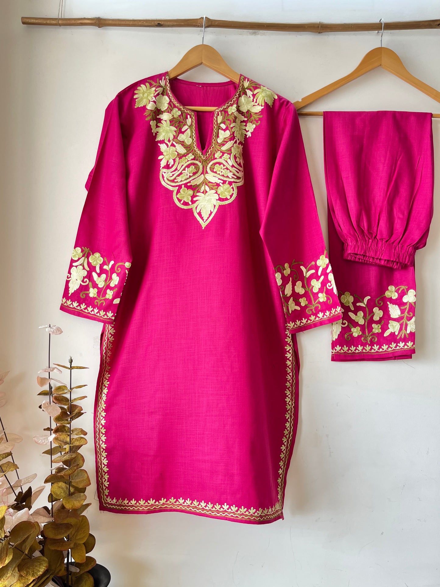 Hot Pink Green Cotton Stitched Co-ord Set (L/XL)