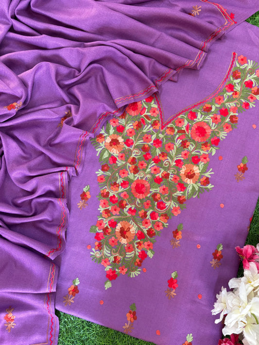 Lavender Woollen Aari Embroidered 3pc suit