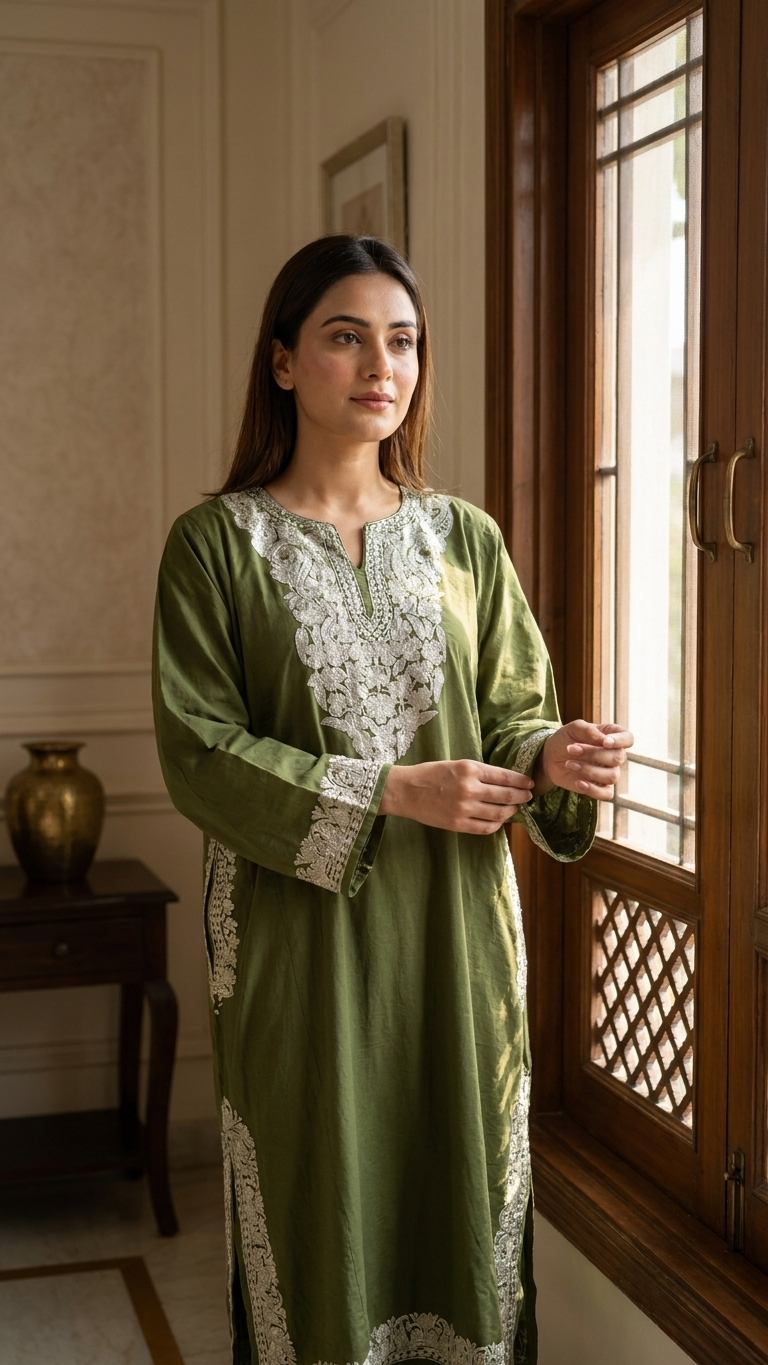 Army Green Cotton Kashmiri Pheran Set (46)