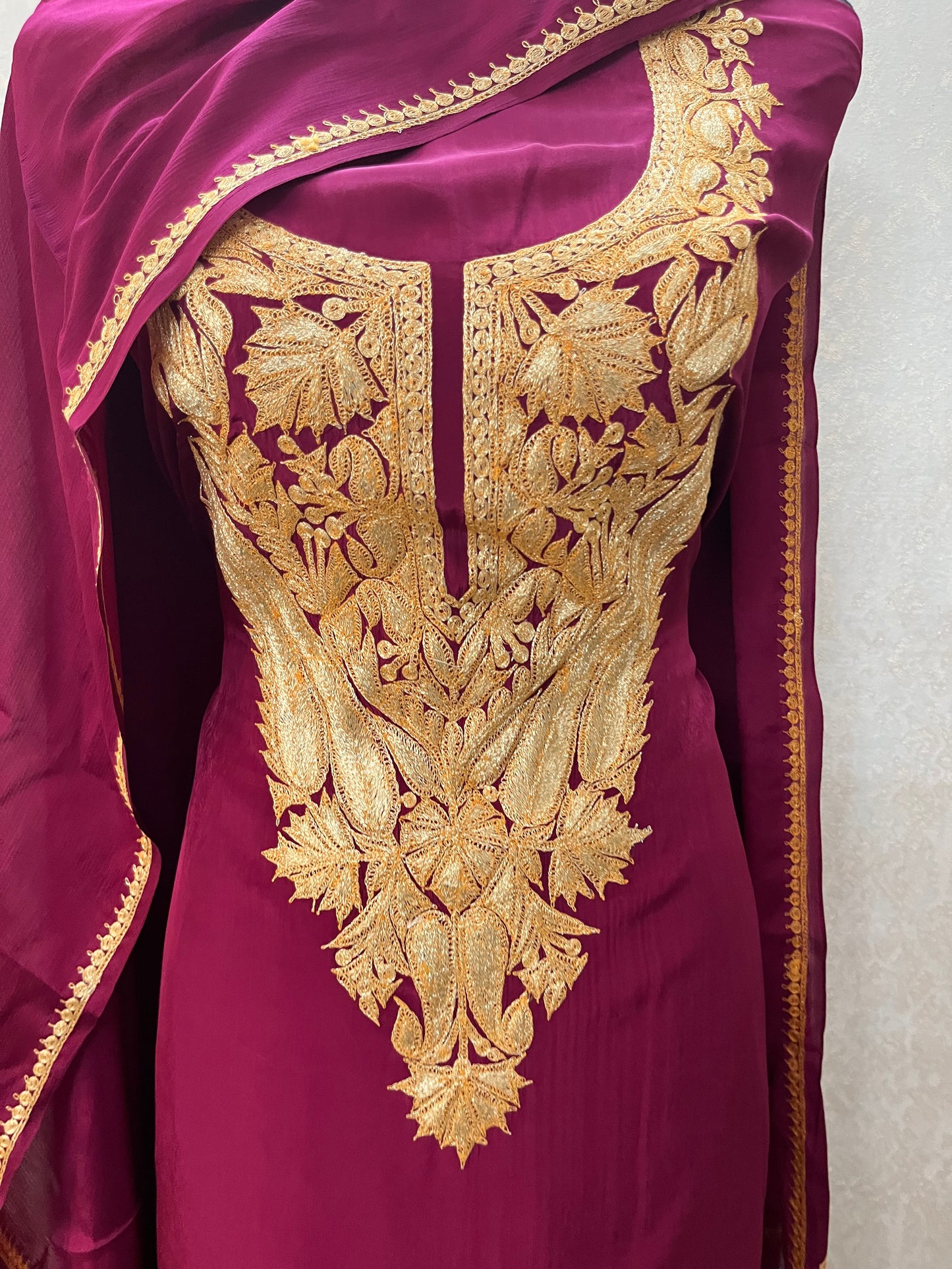 Wine Crape Puff Tilla Kashmiri Suit