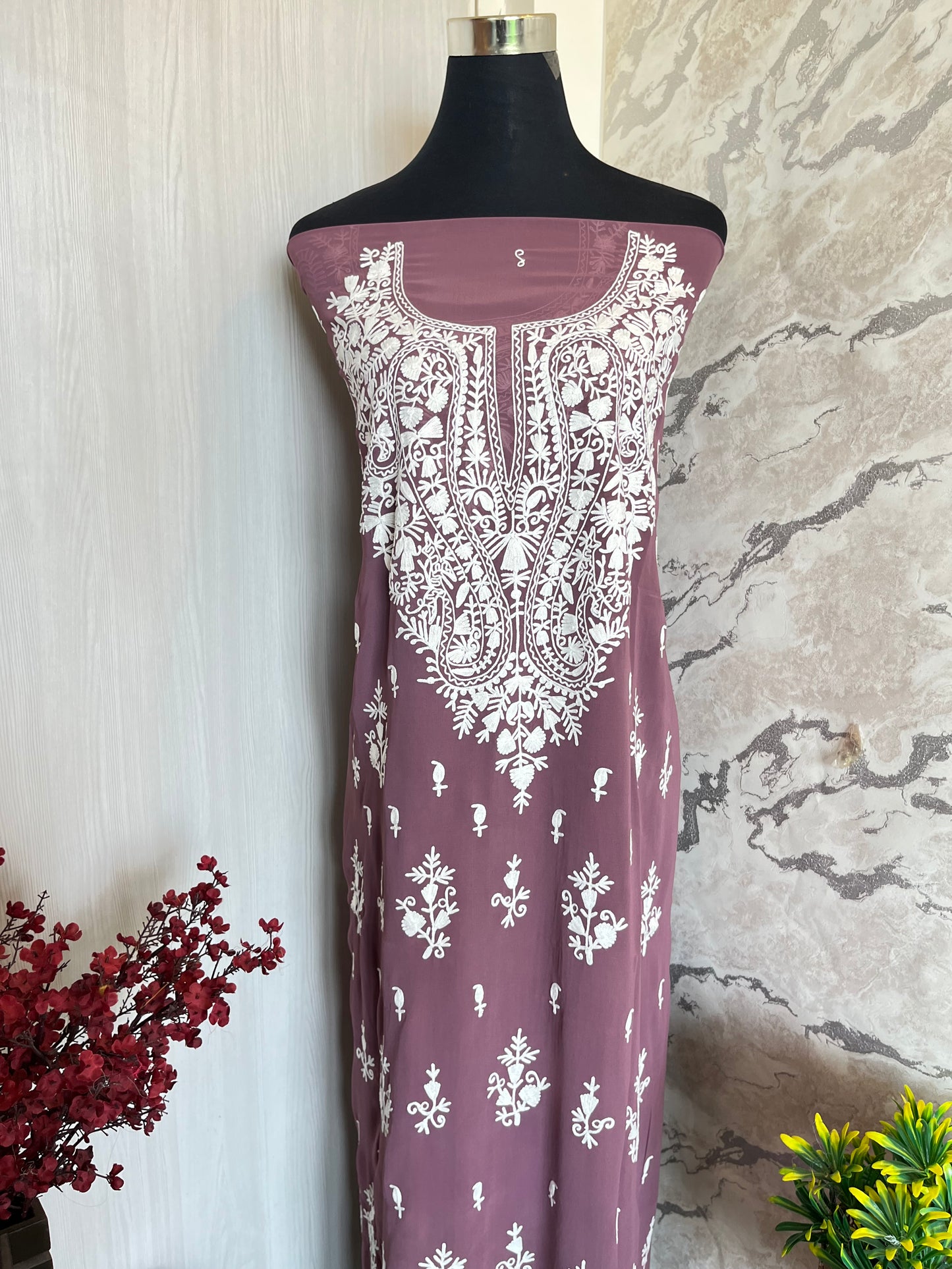 Georgette Blackish Purple All over Work Aari Embroidered Unstitched Kurta Material