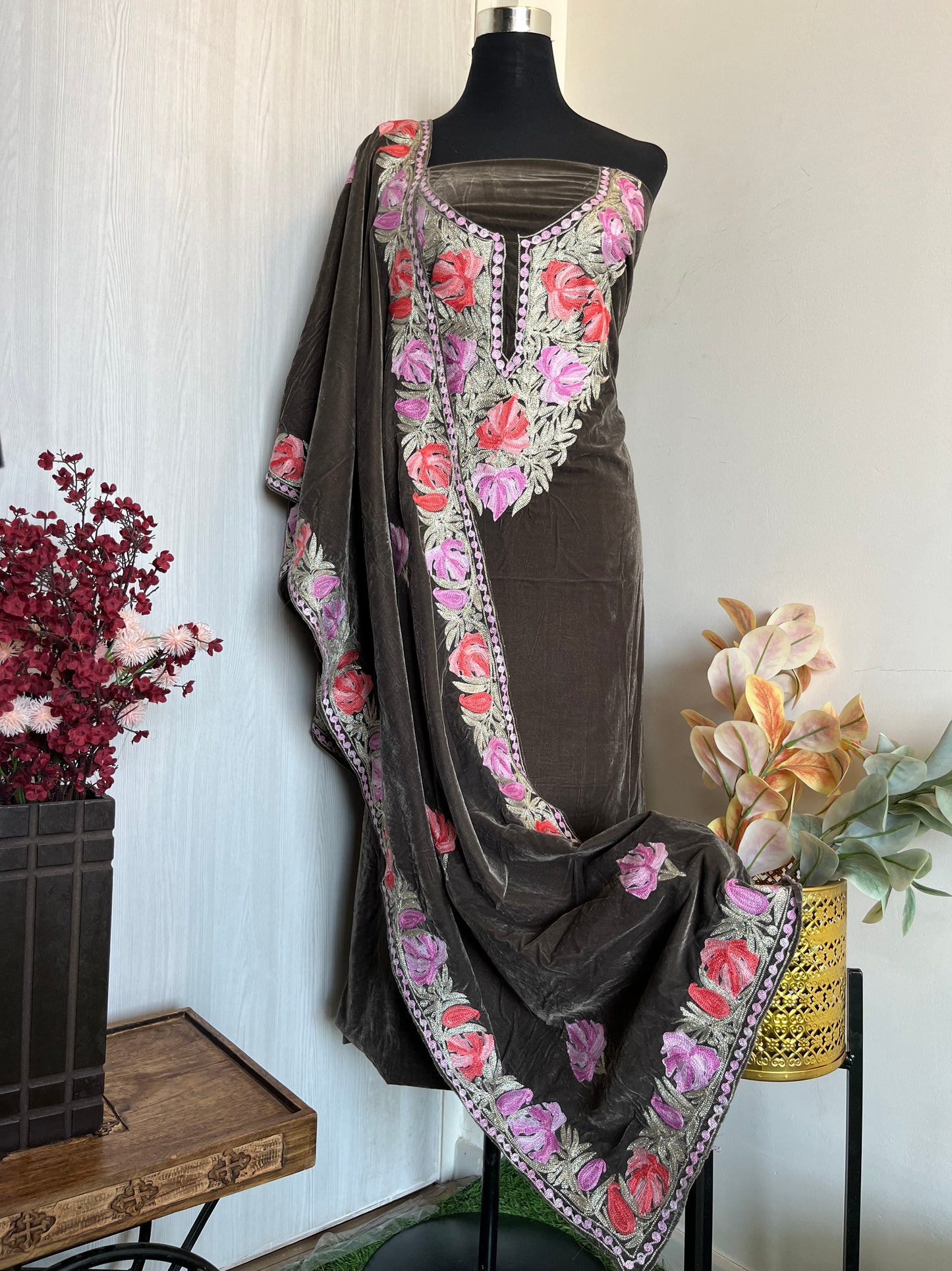 Spanish Grey Aari Embroidered Velvet 2pc Suit Material