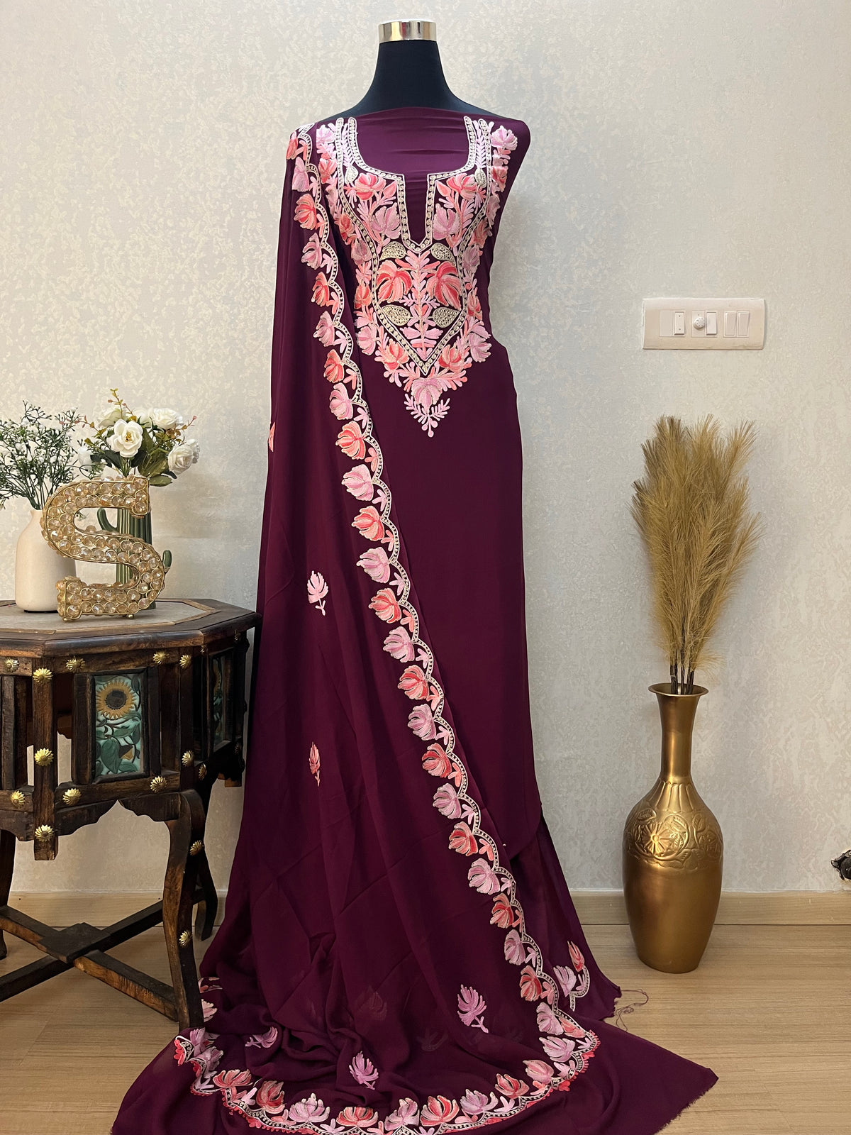 Wine Pure Georgette Kashmiri Suit
