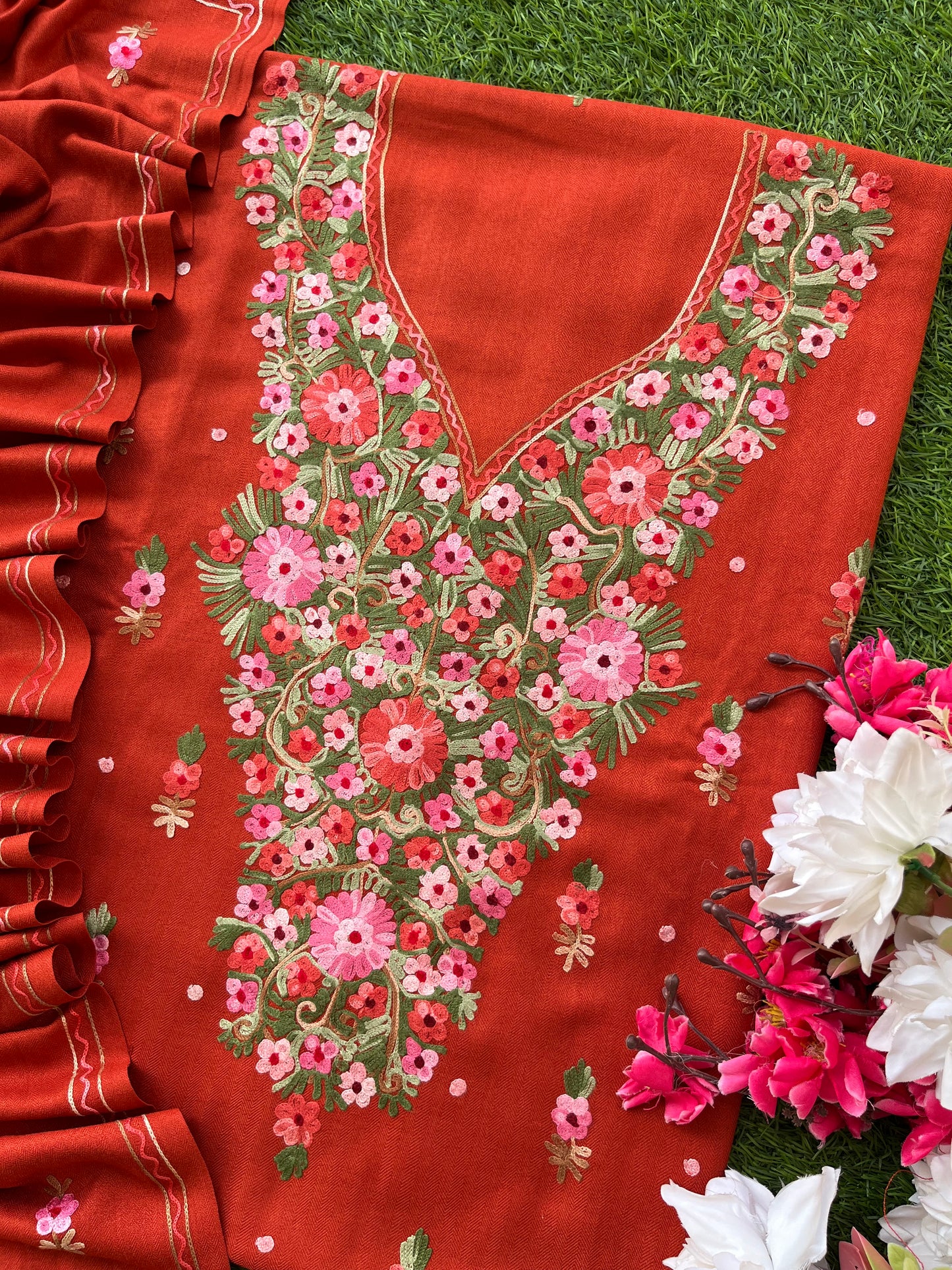 Rust Orange Woollen Aari Embroidered 3pc suit