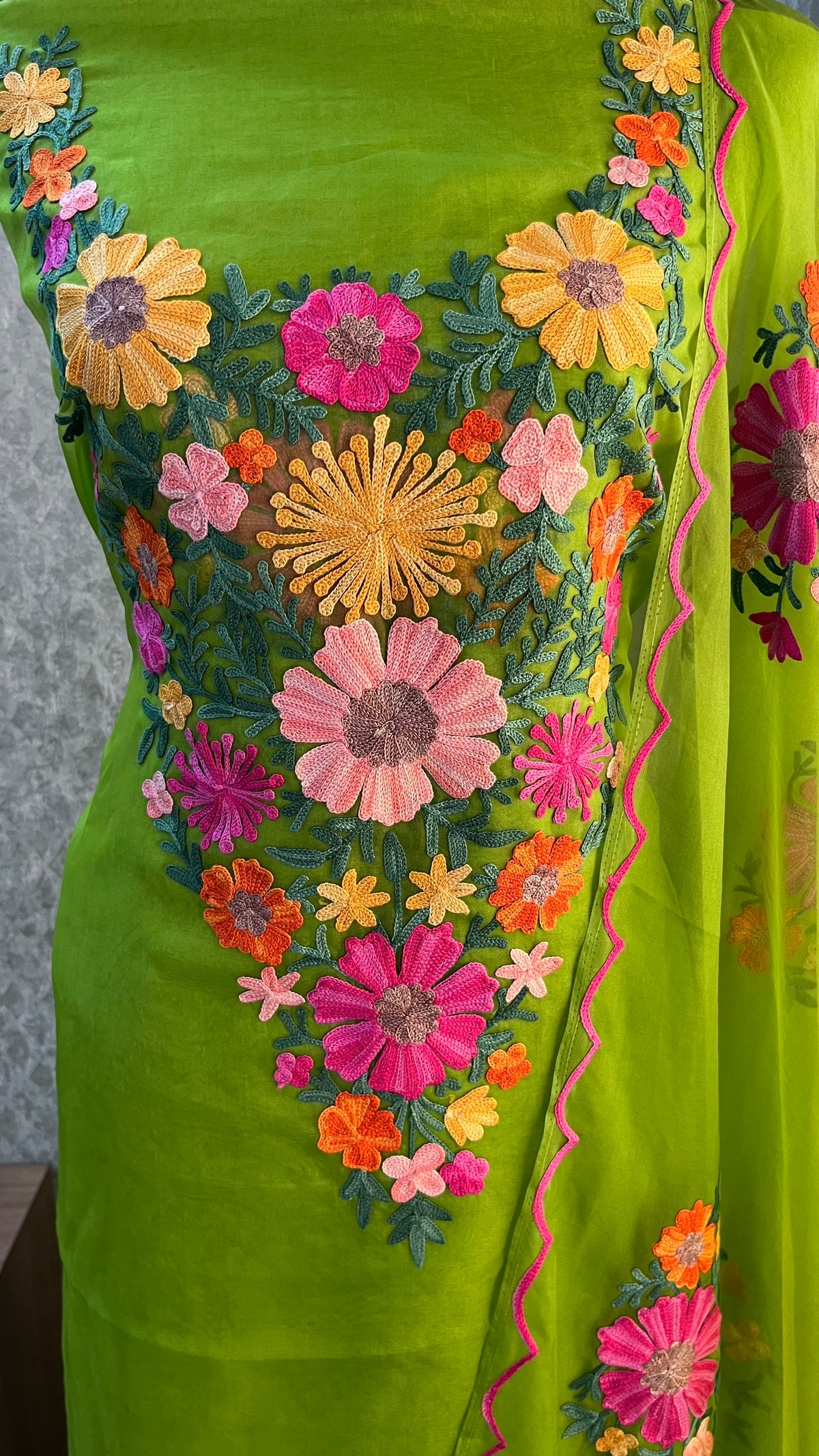 Lime Green Soft Tissue Kashmiri Suit
