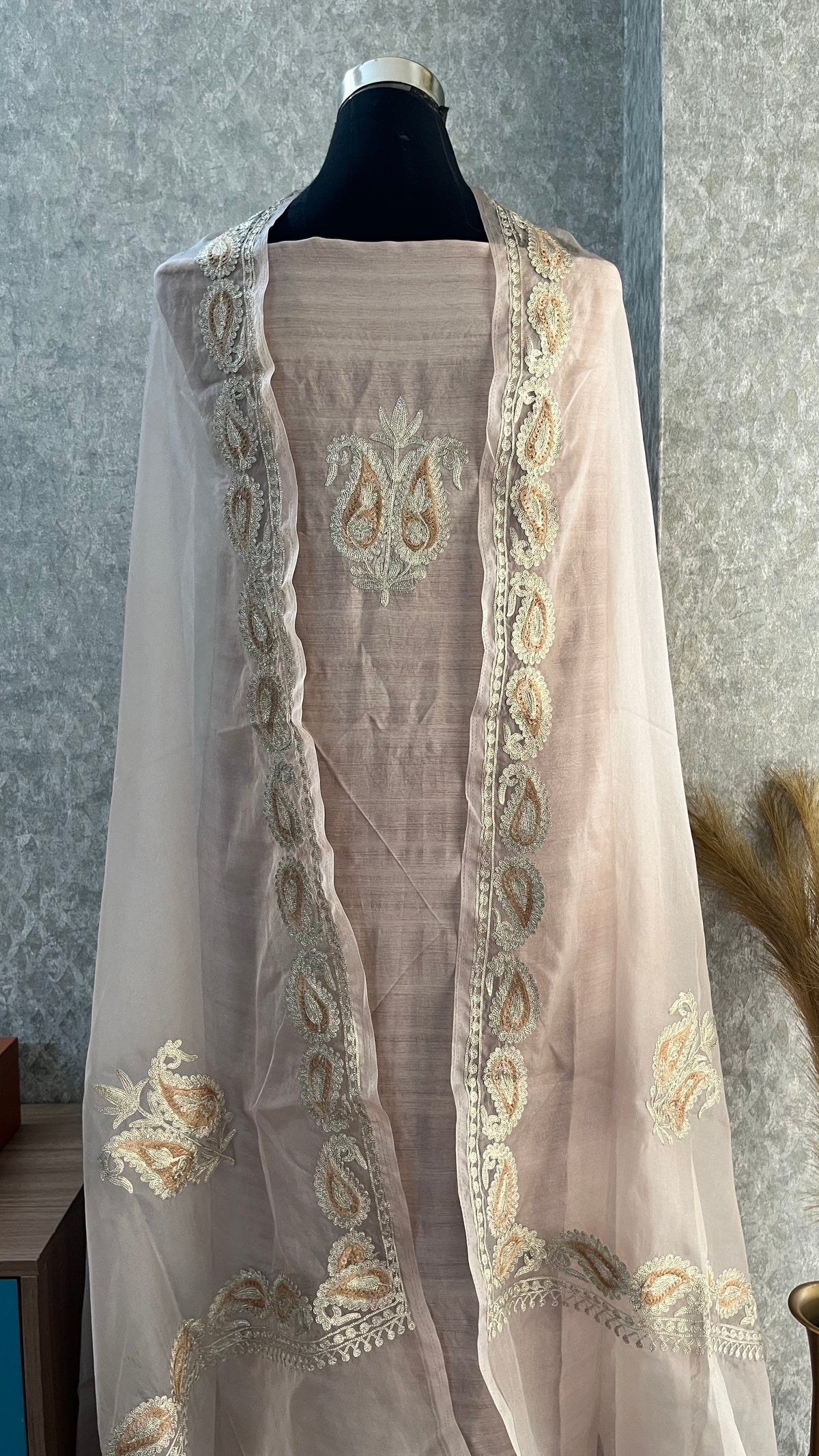 Beige Silk Kashmiri Suit