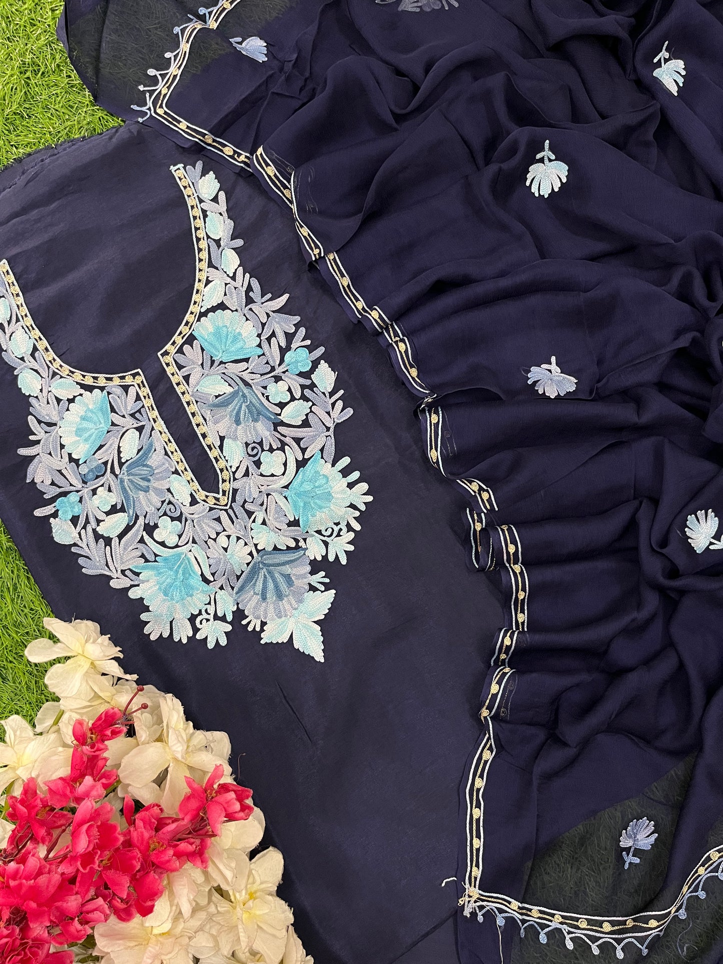 Navy Blue Opada Silk Kashmiri Suit