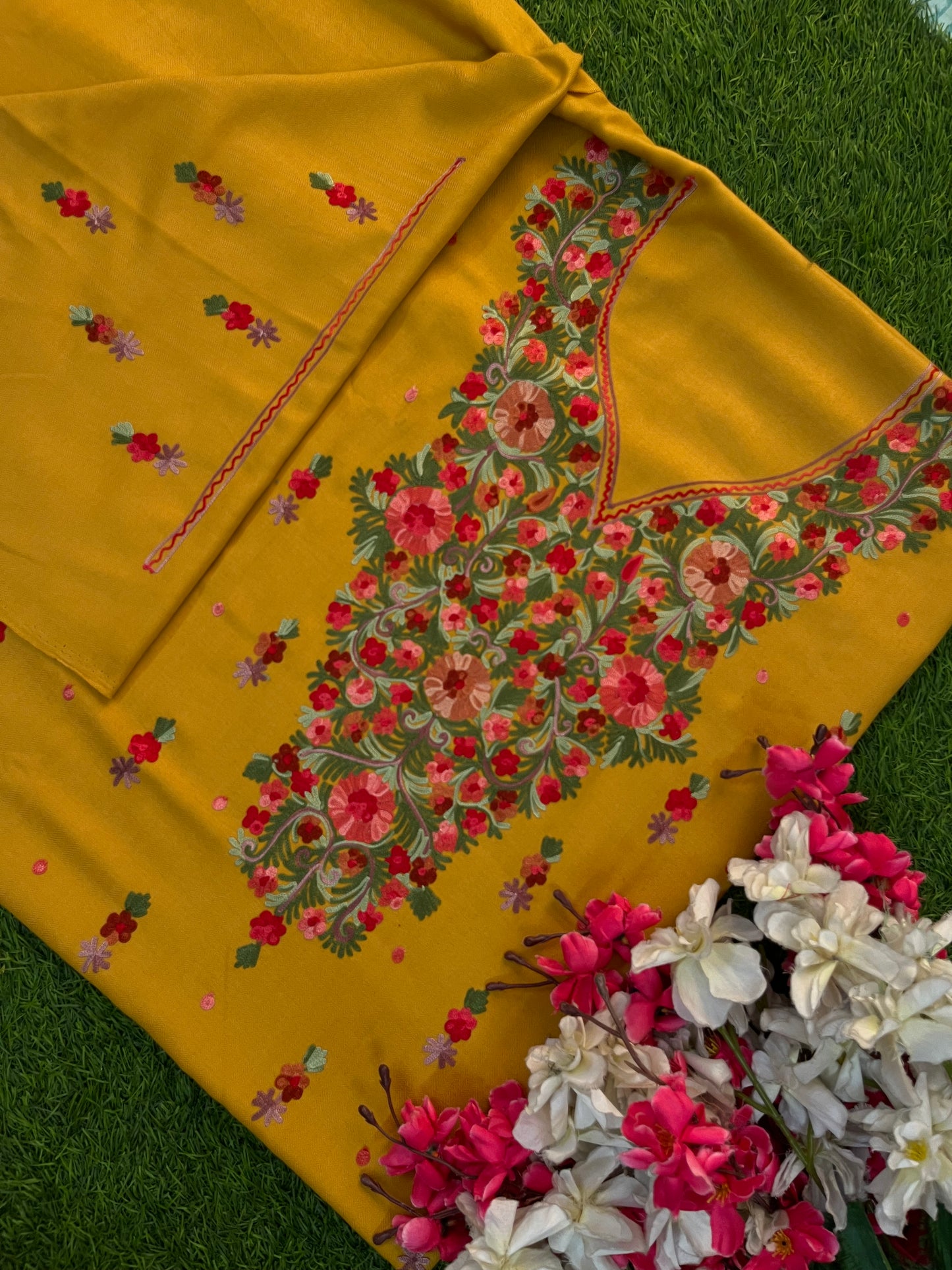 Yellow Woollen Aari Embroidered 3pc suit